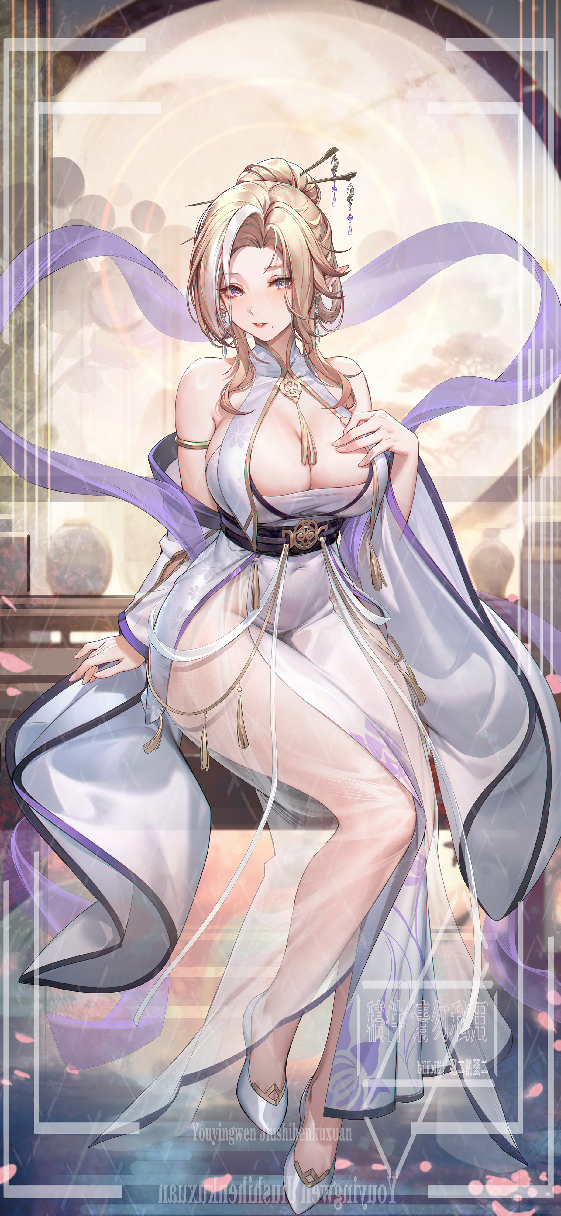 q18607, original, absurdres, chinese commentary, commentary request, highres, 1girl, bare shoulders, blonde hair, blue eyes, breast curtains, breasts, cleavage, covered navel, curtained hair, detached sleeves, dress, earrings, falling petals, gold trim, hair ornament, hair stick, hand on own chest, hand up, high heels, indoors, jewelry, large breasts, legs, light particles, long hair, looking at viewer, mole, mole under mouth, obi, parted lips, pelvic curtain, petals, ponytail, print dress, purple trim, sash, see-through clothes, sidelocks, sitting, solo, tassel, thighs, vase, very long hair, watermark, white dress, wide sleeves
