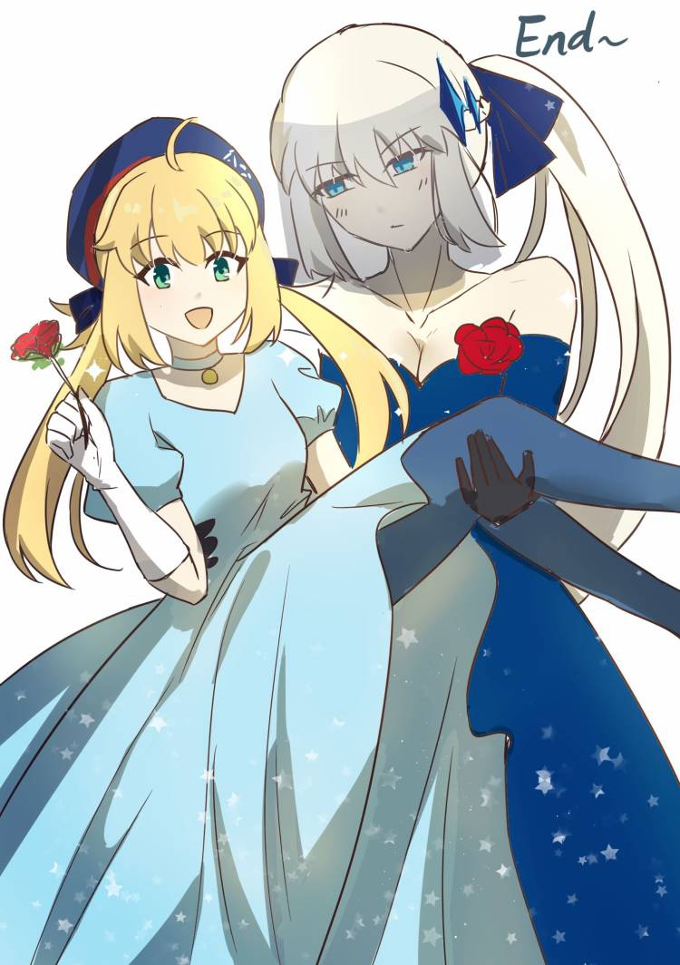 artoria caster (fate), artoria pendragon (fate), morgan le fay (fate), fate/grand order, fate (series), 2girls, alizi795, blonde hair, blue dress, blue eyes, bow, braid, carrying, dress, flower, gloves, green eyes, hair between eyes, hair bow, half up braid, hat, long hair, multiple girls, open mouth, ponytail, princess carry, red flower, red rose, rose, smile, twintails, veil, very long hair, wedding, white gloves, white hair, yuri