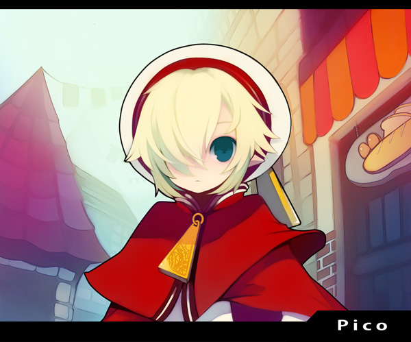 puti devil, original, 1boy, blonde hair, blue eyes, hat, letterboxed, male focus, outdoors, pointy ears, short hair, sky, solo, upper body