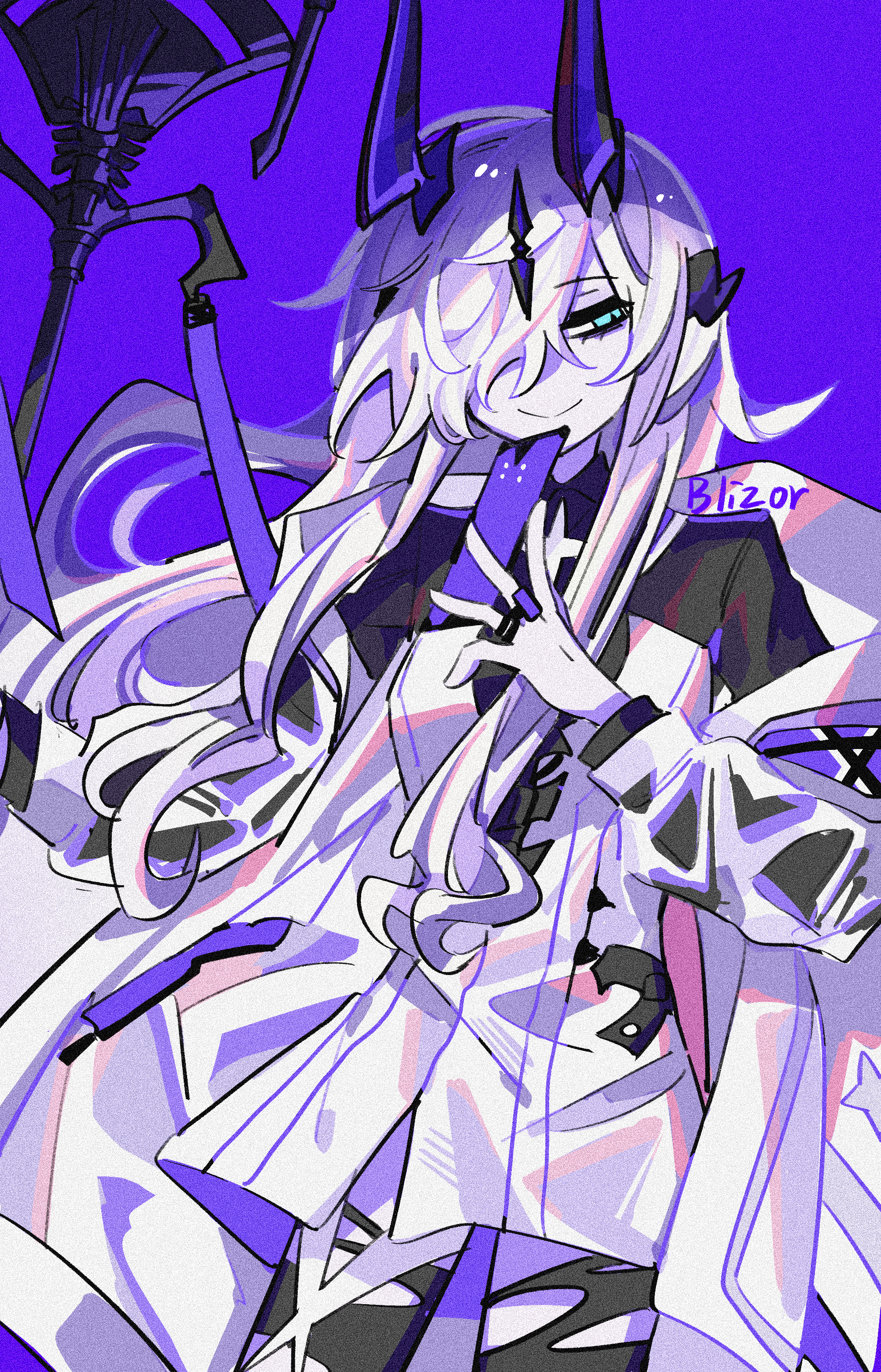 blissfulrainbizhuo, necrass (arknights), arknights, absurdres, chinese commentary, commentary request, highres, 1girl, black shirt, black thighhighs, blue eyes, closed mouth, coat, collared shirt, cowboy shot, dress, hair over one eye, half-closed eye, horns, jewelry, long hair, long sleeves, off shoulder, one eye covered, purple background, purple horns, ring, shirt, short dress, simple background, solo, standing, thighhighs, torn clothes, torn thighhighs, white coat, white dress, white hair