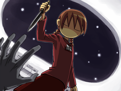 madotsuki, sekomumasada sensei, yume nikki, lowres, 1girl, braid, knife, pink shirt, shirt, skirt, sky, star (sky), starry sky, twin braids