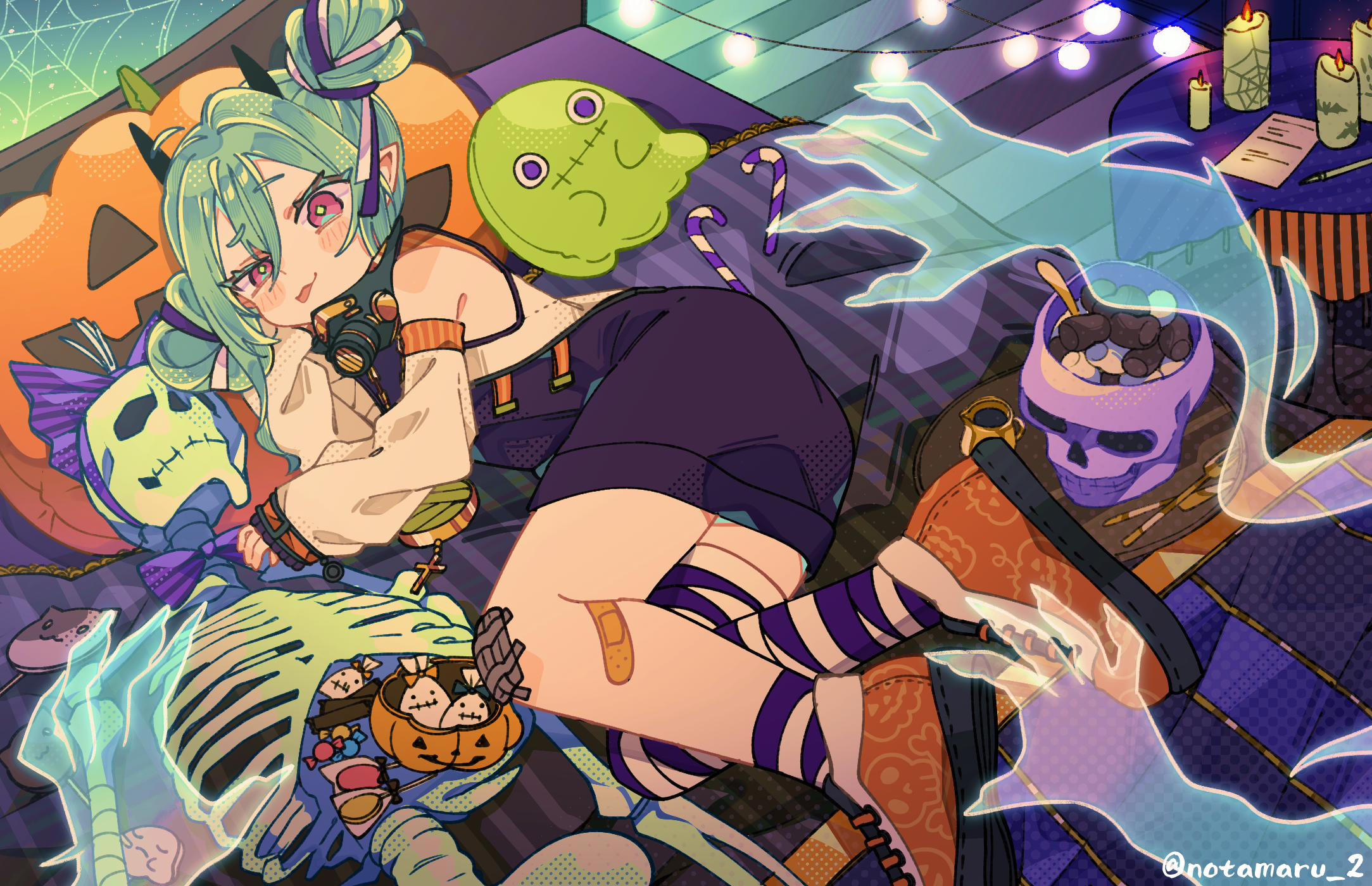 notamaru 2, original, commentary, highres, 1girl, asymmetrical legwear, bandaid, bandaid on knee, bandaid on leg, bare shoulders, blush stickers, candle, candy, candy cane, closed mouth, detached sleeves, double-parted bangs, food, ghost hands, green hair, hair between eyes, halloween, horns, long sleeves, looking at viewer, lying, on side, pillow, pink shoes, pointy ears, purple skirt, purple socks, purple thighhighs, red eyes, shirt, shoes, short hair, single sock, single thighhigh, skeleton, skirt, skull, sleeveless, sleeveless shirt, socks, solo, thighhighs, tongue, tongue out, twitter username, uneven legwear, white shirt, white sleeves