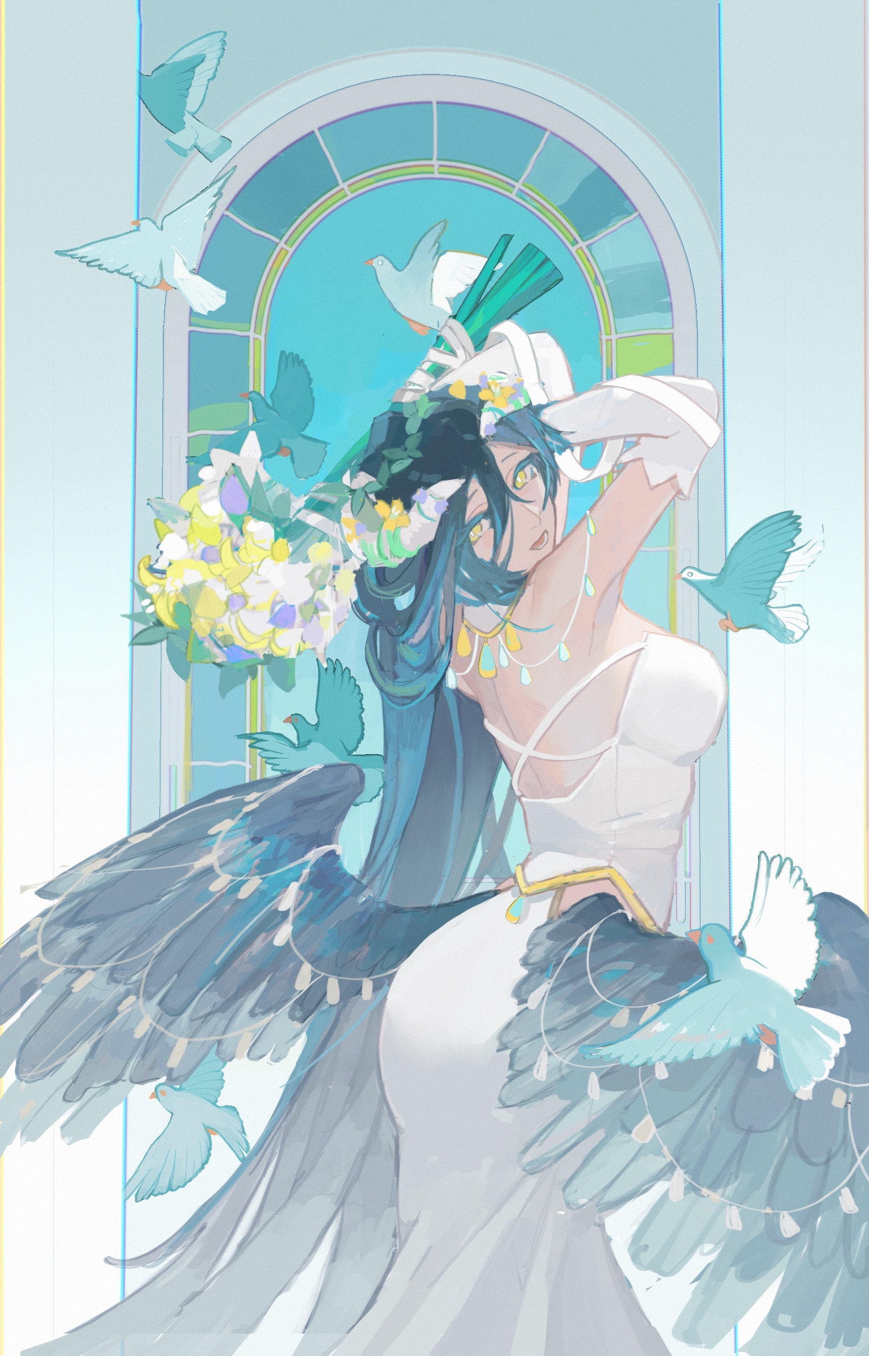albedo (overlord), overlord (maruyama), absurdres, commentary request, highres, 1girl, black hair, breasts, cleavage, demon girl, demon horns, dress, gold necklace, horns, jewelry, killingteam, large breasts, long hair, necklace, solo