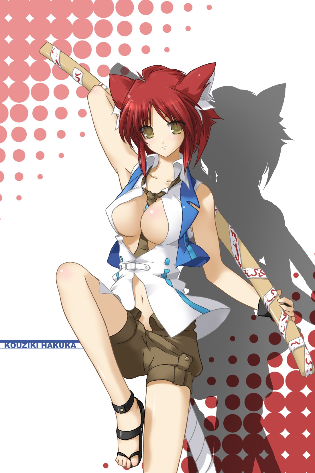 sakura sora, kouzuki hakuka, piku gaku, pixiv, pixiv gakuen, bad id, bad pixiv id, highres, 1girl, animal ears, between breasts, breasts, brown eyes, cleavage, female focus, large breasts, necktie, no bra, red hair, shorts, solo