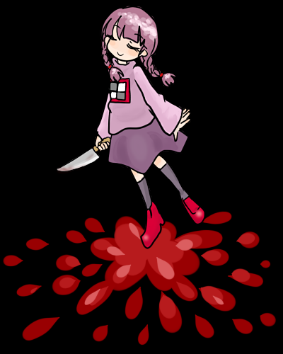 madotsuki, yume nikki, lowres, 1girl, arms at sides, blood, blood drop, braid, female focus, head tilt, knife, pink shirt, purple skirt, raised eyebrows, red shoes, shirt, shoes, skirt, solo, thighhighs, twin braids, zettai ryouiki