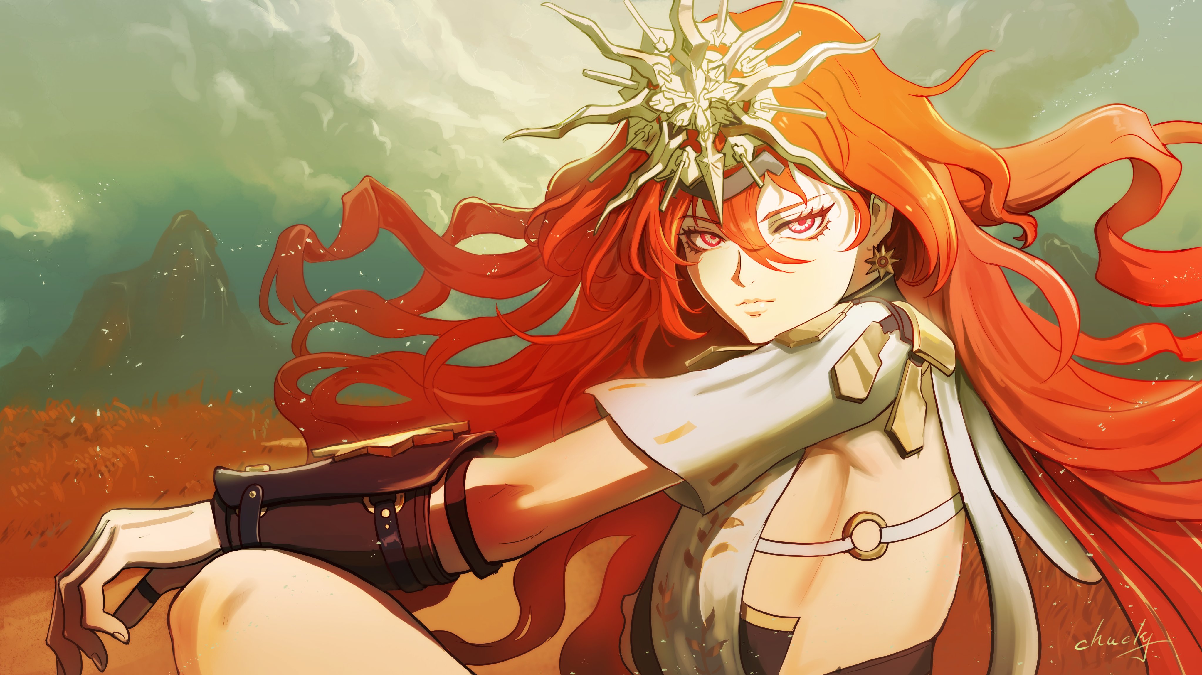 chucky (chucky1000sun), augusta (wuthering waves), wuthering waves, absurdres, commentary request, highres, 1girl, arm armor, arm on knee, breasts, closed mouth, dress, earrings, from side, hair between eyes, headgear, jewelry, knees up, long hair, looking at viewer, looking to the side, medium breasts, outdoors, red eyes, serious, sideboob, signature, sitting, solo, sun earrings, white dress