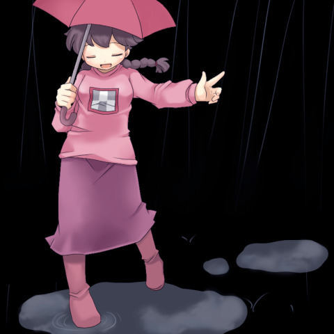 madotsuki, yume nikki, lowres, 1girl, boots, braid, female focus, pink boots, pink shirt, puddle, rain, raised eyebrows, ripples, shirt, skirt, solo, twin braids, umbrella