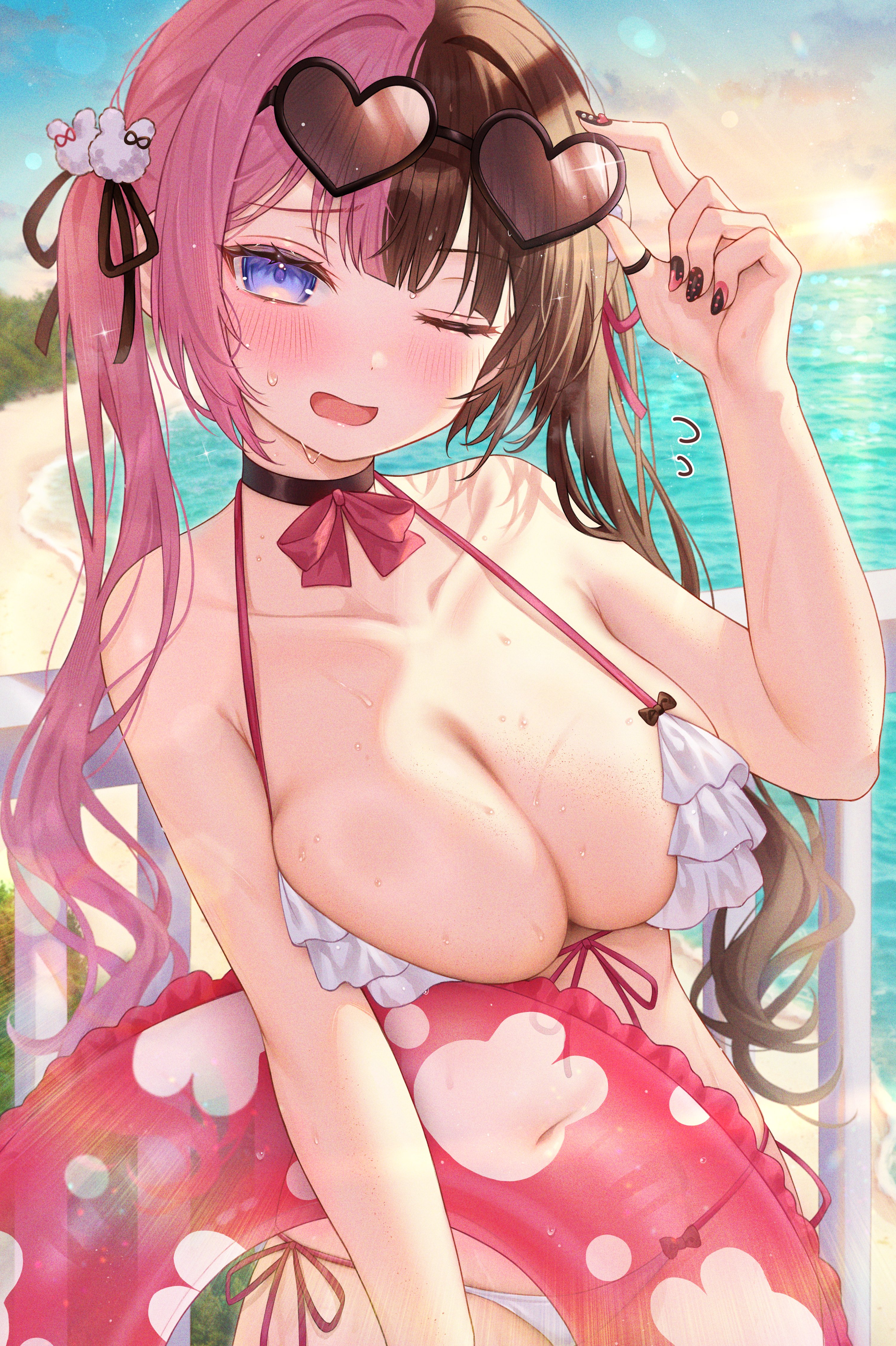 ebihurai, tachibana hinano, vspo!, absurdres, highres, 1girl, adjusting eyewear, bare shoulders, beach, bikini, black-framed eyewear, black bow, black nails, blue sky, blush, body freckles, bow, breast freckles, breasts, brown-tinted eyewear, brown choker, brown hair, brown ribbon, choker, cleavage, cloud, cloudy sky, collarbone, day, fingernails, freckles, frilled bikini, frills, hair ornament, hair ribbon, heart, heart-shaped eyewear, holding, holding swim ring, huge breasts, innertube, jewelry, long hair, looking at viewer, multicolored hair, multicolored nails, nail art, nail polish, navel, ocean, one eye closed, open mouth, outdoors, pink hair, pink innertube, pink lips, pink nails, pink ribbon, purple eyes, rabbit hair ornament, ribbon, ring, sand, side-tie bikini bottom, sky, solo, split-color hair, stomach, sunglasses, sunset, swim ring, swimsuit, thighs, tinted eyewear, twintails, two-tone hair, two-tone nails, virtual youtuber, white bikini