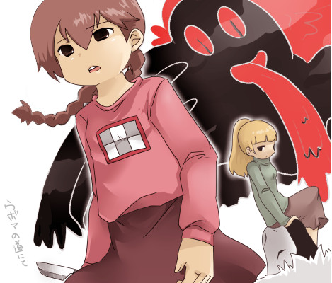 madotsuki, poniko, yume nikki, lowres, 2girls, arm behind back, braid, head tilt, knife, multiple girls, pink shirt, ponyko, ponytail, purple skirt, shirt, skirt, twin braids
