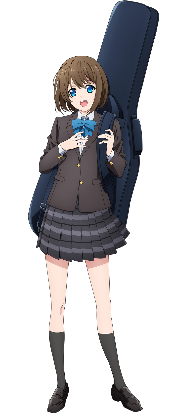 arakaki issei, hayama hiyori, extreme hearts, highres, official art, 1girl, :d, anime coloring, black shoes, blazer, blue bow, blue eyes, blush, bob cut, bow, bowtie, breasts, brown hair, brown jacket, collared shirt, full body, grey skirt, grey socks, hand on own chest, holding, holding instrument, instrument, jacket, loafers, long sleeves, looking at viewer, open mouth, pleated skirt, school uniform, shirt, shoes, short hair, simple background, skirt, smile, socks, solo, standing, tachi-e, teeth, transparent background, white shirt