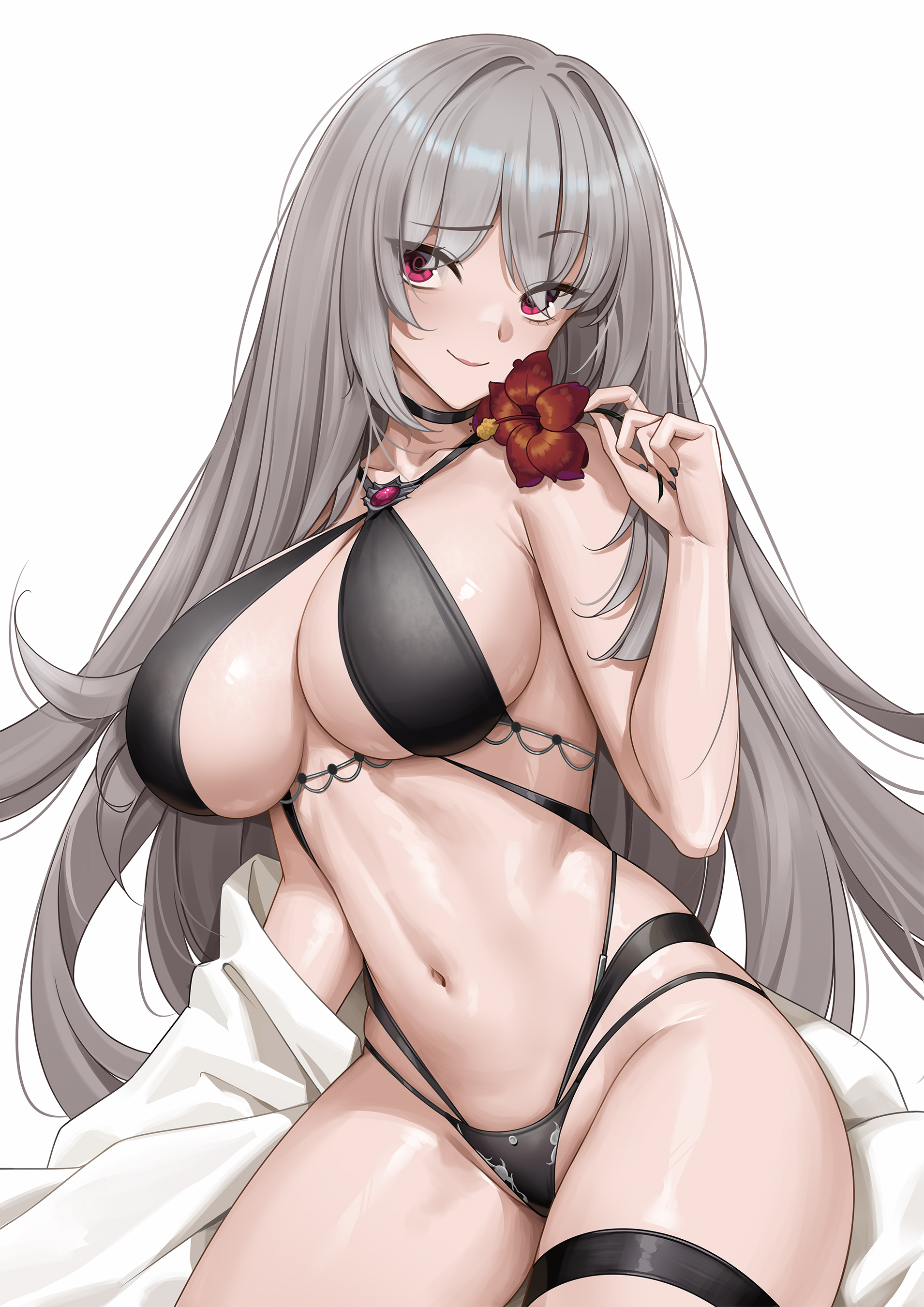 tony guisado, viora weissheart, vols, absurdres, highres, second-party source, 1girl, bare shoulders, bikini, black bikini, black choker, black nails, breasts, choker, cleavage, criss-cross halter, flower, grey hair, halterneck, hibiscus, holding, holding flower, jacket, large breasts, long hair, looking at viewer, multi-strapped bikini bottom, nail polish, navel, off shoulder, red eyes, simple background, smile, solo, swimsuit, thigh strap, very long hair, virtual youtuber, white background, white jacket