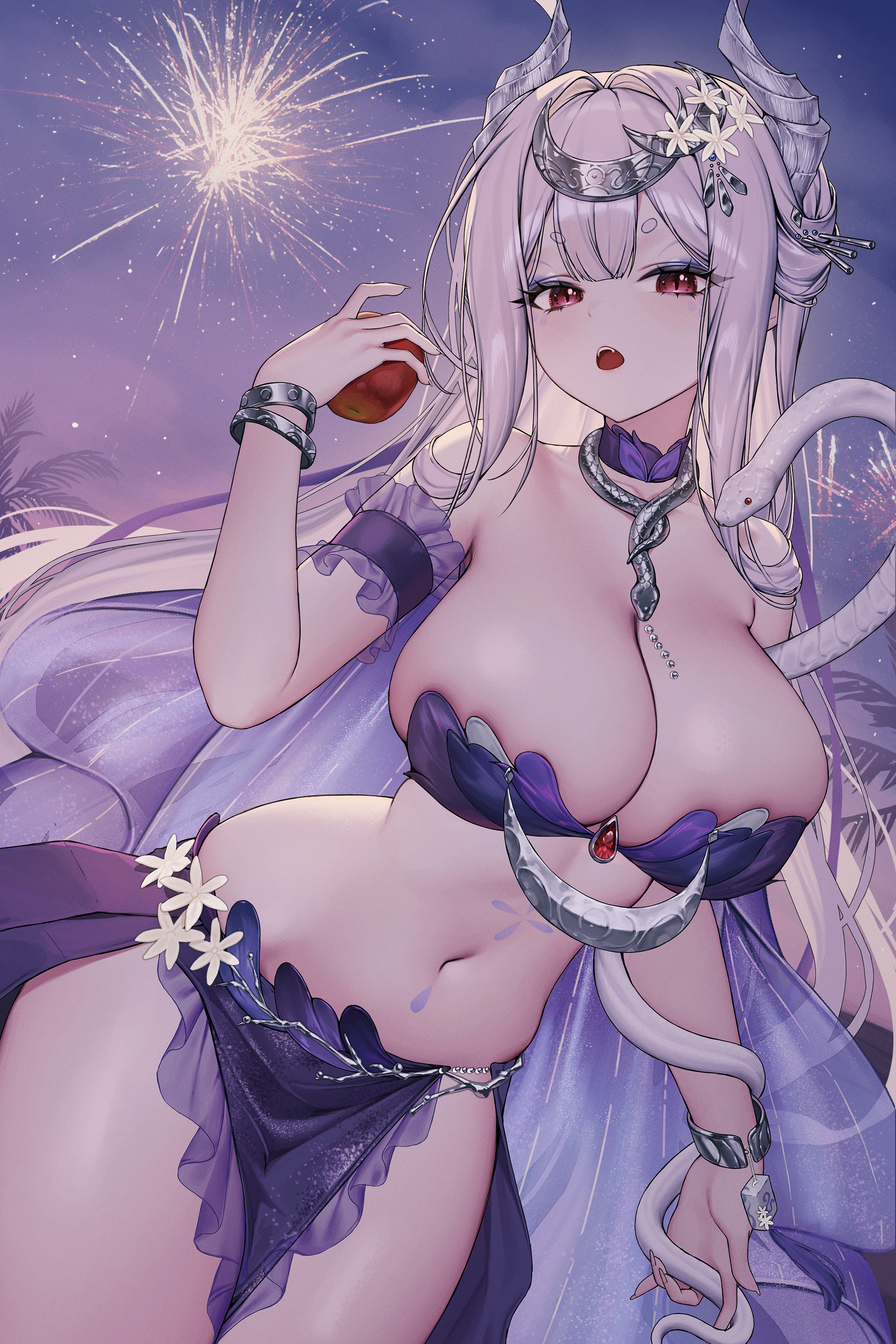 subong, original, absurdres, commentary request, highres, korean commentary, 1girl, :o, apple, arm strap, bare shoulders, bracelet, breasts, cleavage, evening, fireworks, food, fruit, hair ornament, hand up, holding, holding food, holding fruit, horns, jewelry, large breasts, looking at viewer, navel, open mouth, outdoors, red eyes, snake, solo, stomach, thick eyebrows, white hair, white snake