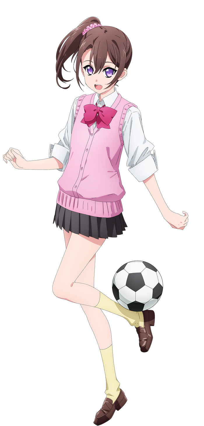 arakaki issei, kodaka saki, extreme hearts, highres, official art, 1girl, :d, anime coloring, ball, bow, bowtie, breasts, brown hair, brown shoes, collared shirt, full body, grey skirt, hair between eyes, hair ornament, hair scrunchie, loafers, long sleeves, looking at viewer, medium hair, open mouth, pink bow, pink scrunchie, pink sweater vest, pleated skirt, purple eyes, school uniform, scrunchie, shirt, shoes, side ponytail, simple background, skirt, sleeves rolled up, small breasts, smile, soccer, soccer ball, socks, solo, standing, standing on one leg, sweater vest, tachi-e, thighs, transparent background, white shirt, yellow socks