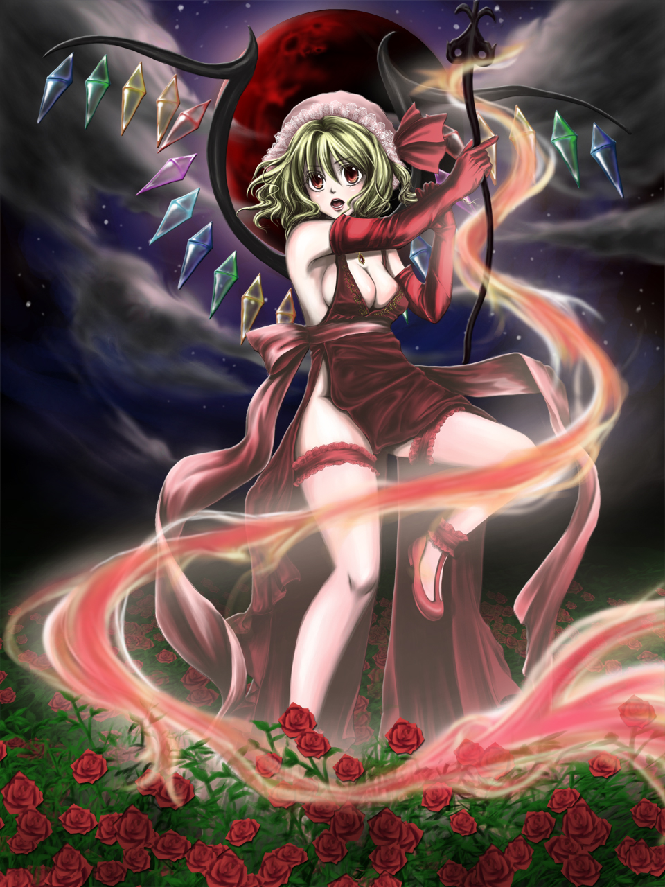 yuu (hi lite), flandre scarlet, touhou, frilled legwear, highres, 1girl, aged up, alternate breast size (larger), blonde hair, breasts, cleavage, elbow gloves, female focus, flower, gloves, laevatein, moon, red eyes, red moon, rose, solo, wings
