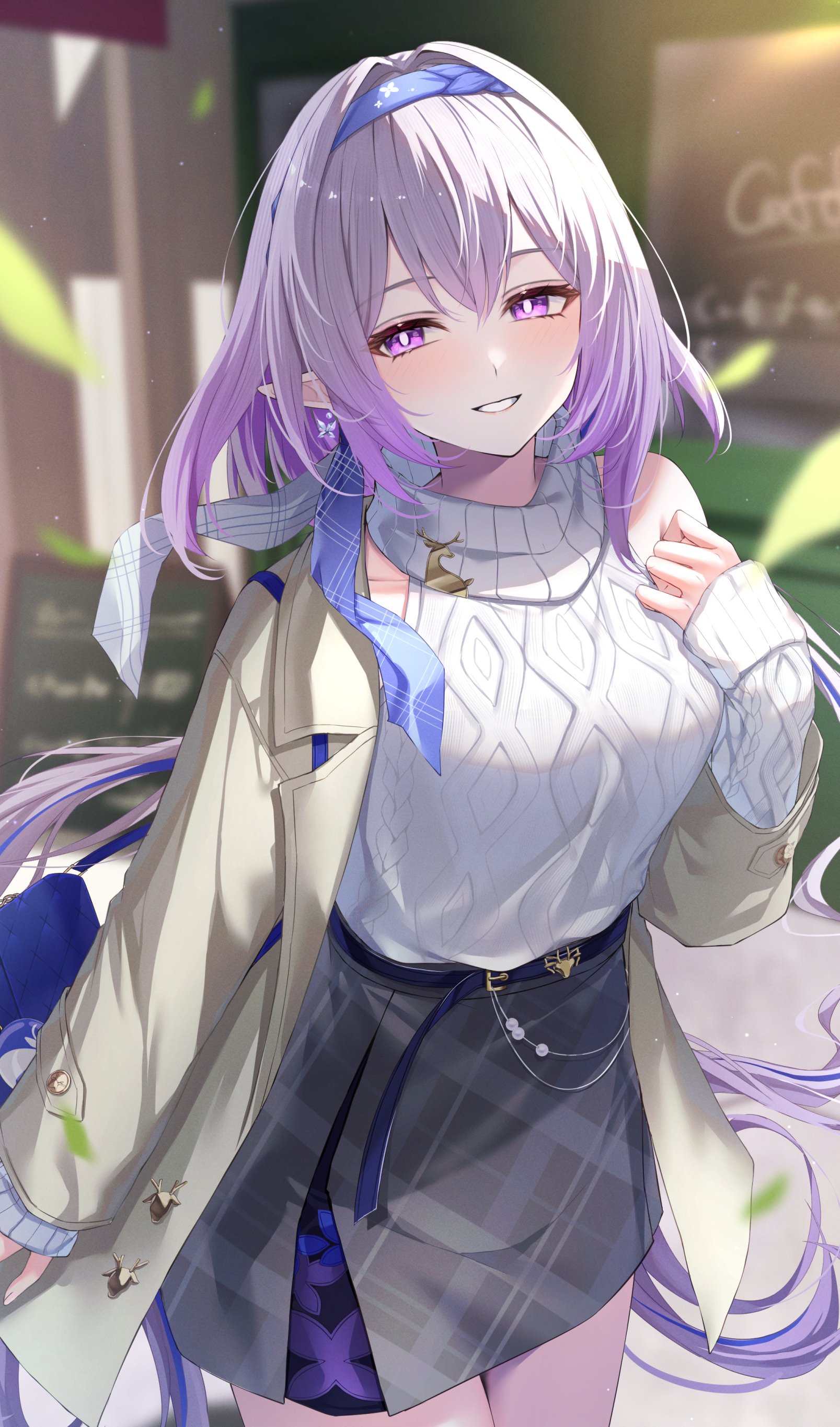 sakuno (sksk sakuno), castorice (honkai: star rail), honkai: star rail, honkai (series), absurdres, commentary request, highres, 1girl, black skirt, blurry, blurry background, earrings, grey jacket, hair between eyes, hairband, hand up, jacket, jewelry, long hair, long sleeves, looking at viewer, official alternate costume, outdoors, parted lips, pointy ears, purple hair, purple hairband, shirt tucked in, single bare shoulder, skirt, smile, solo, sweater, very long hair, white sweater