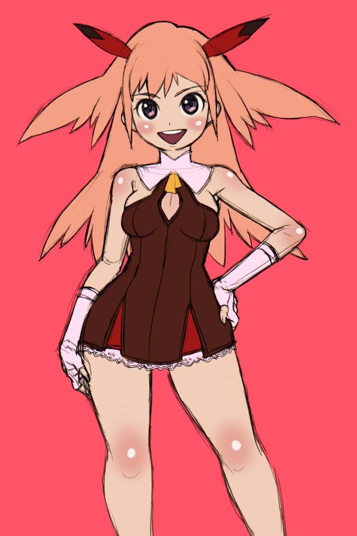 kei (bekei), original, antennae, bottomless, fingerless gloves, gloves, hair flaps, hand on own hip, happy, long hair, pink background, simple background, solo, teeth, upper teeth only