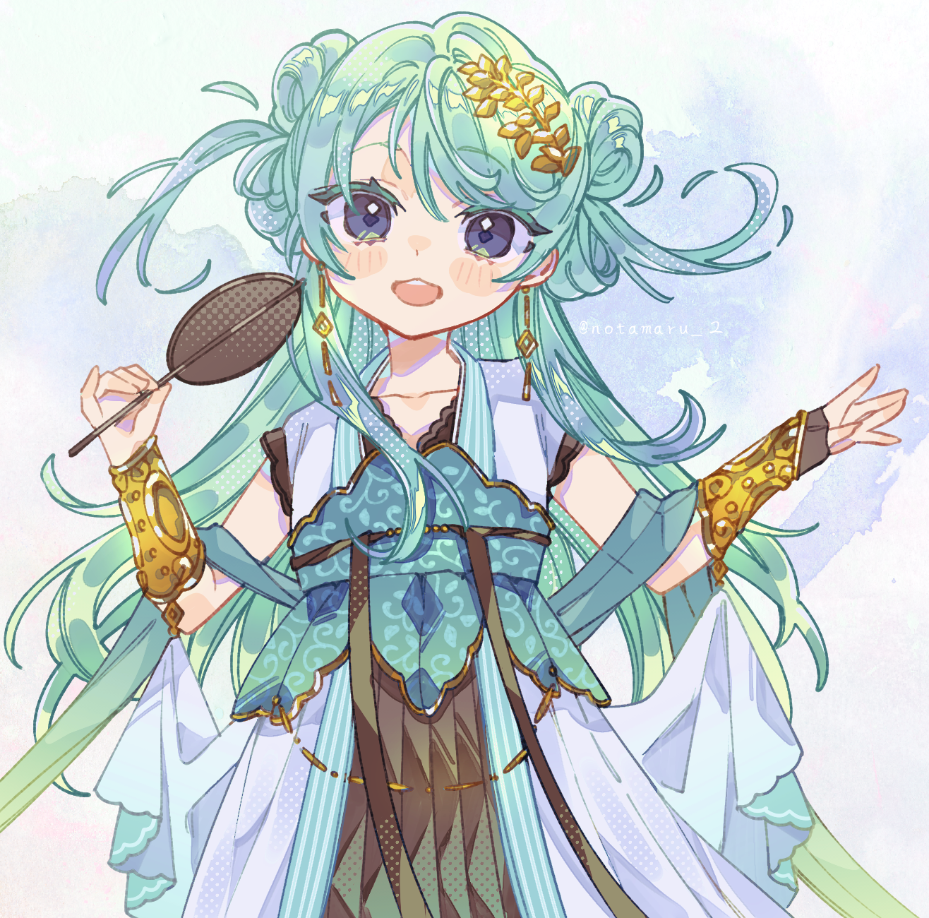 notamaru 2, original, commentary request, highres, 1girl, :d, blue background, blue eyes, blush stickers, chinese clothes, collarbone, cowboy shot, dress, earrings, green dress, green hair, hair ornament, hands up, hanfu, holding, jewelry, long hair, looking at viewer, open mouth, qixiong ruqun, short sleeves, smile, solo, twitter username, two side up