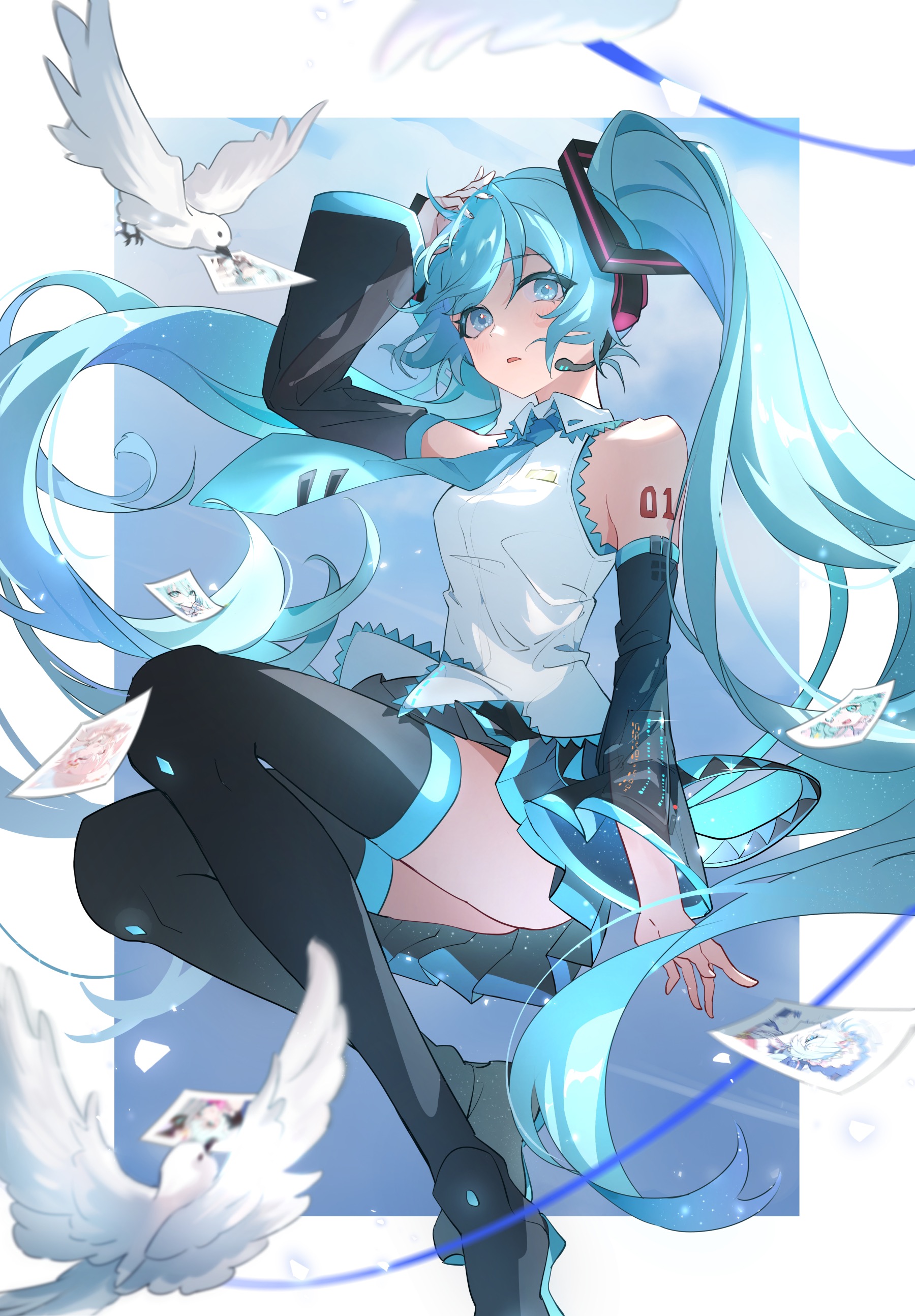 huazihuazihz, hatsune miku, vocaloid, absurdres, chinese commentary, commentary request, highres, 1girl, animal, arm up, bare shoulders, bird, black sleeves, black thighhighs, blue eyes, blue hair, blue necktie, border, detached sleeves, full body, long hair, long sleeves, looking at viewer, necktie, outside border, parted lips, photo (object), shoulder tattoo, solo, tattoo, thighhighs, twintails, very long hair, white bird, white border