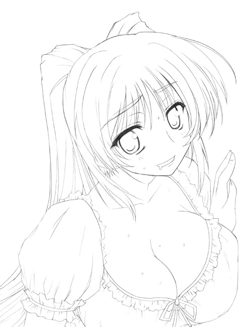 aoi manabu, kousaka tamaki, to heart (series), to heart 2, 00s, 1girl, breast press, breasts, cleavage, female focus, greyscale, large breasts, monochrome, nightgown, solo, sweat, upper body