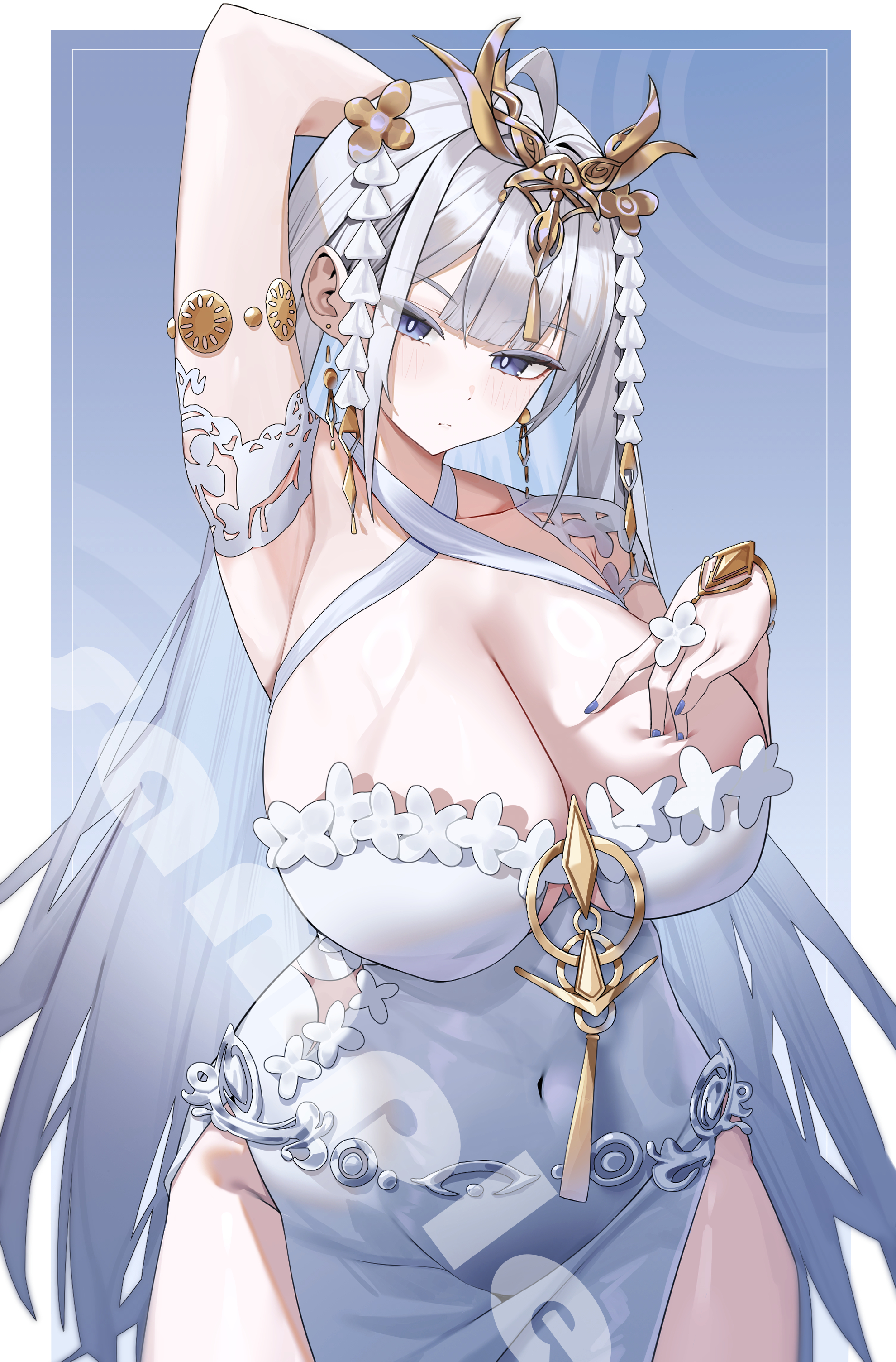 huiqie, original, absurdres, chinese commentary, commentary request, highres, 1girl, arm up, armpits, bare shoulders, blue background, blue eyes, blue nails, blunt bangs, border, breasts, bright pupils, cleavage, closed mouth, clothing cutout, collarbone, covered navel, criss-cross halter, double-parted bangs, dress, earrings, expressionless, gold, hair ornament, halter dress, halterneck, hand on own chest, hand up, head tilt, headpiece, huge breasts, inset border, jewelry, long hair, looking at viewer, nail polish, pelvic curtain, sample watermark, sidelocks, solo, standing, thighs, underboob cutout, very long hair, watermark, white border, white dress, white hair, white pupils