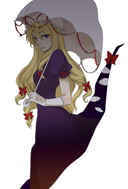 kotori (artist), yakumo yukari, touhou, 1girl, dress, female focus, gap (touhou), gloves, hat, parasol, simple background, solo, umbrella, white background