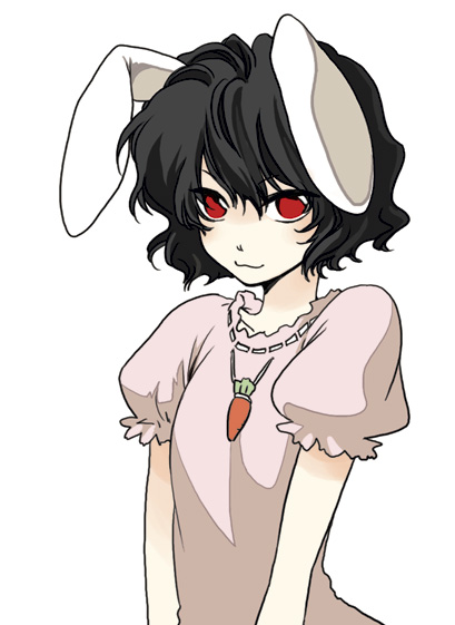 kotori (artist), inaba tewi, touhou, 1girl, :3, black hair, female focus, red eyes, simple background, solo, standing, white background