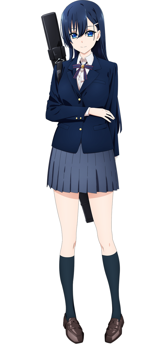 arakaki issei, tachibana yukino (extreme hearts), extreme hearts, highres, official art, 1girl, anime coloring, arm behind back, bag, black bag, black socks, blazer, blue eyes, blue hair, blue jacket, bow, breasts, brown shoes, closed mouth, collared shirt, full body, grey skirt, hair between eyes, hair ornament, hairclip, hand up, holding, holding bag, jacket, large breasts, loafers, long hair, long sleeves, looking at viewer, pleated skirt, school uniform, shirt, shoes, simple background, skirt, smile, socks, solo, standing, striped bow, tachi-e, transparent background, white shirt