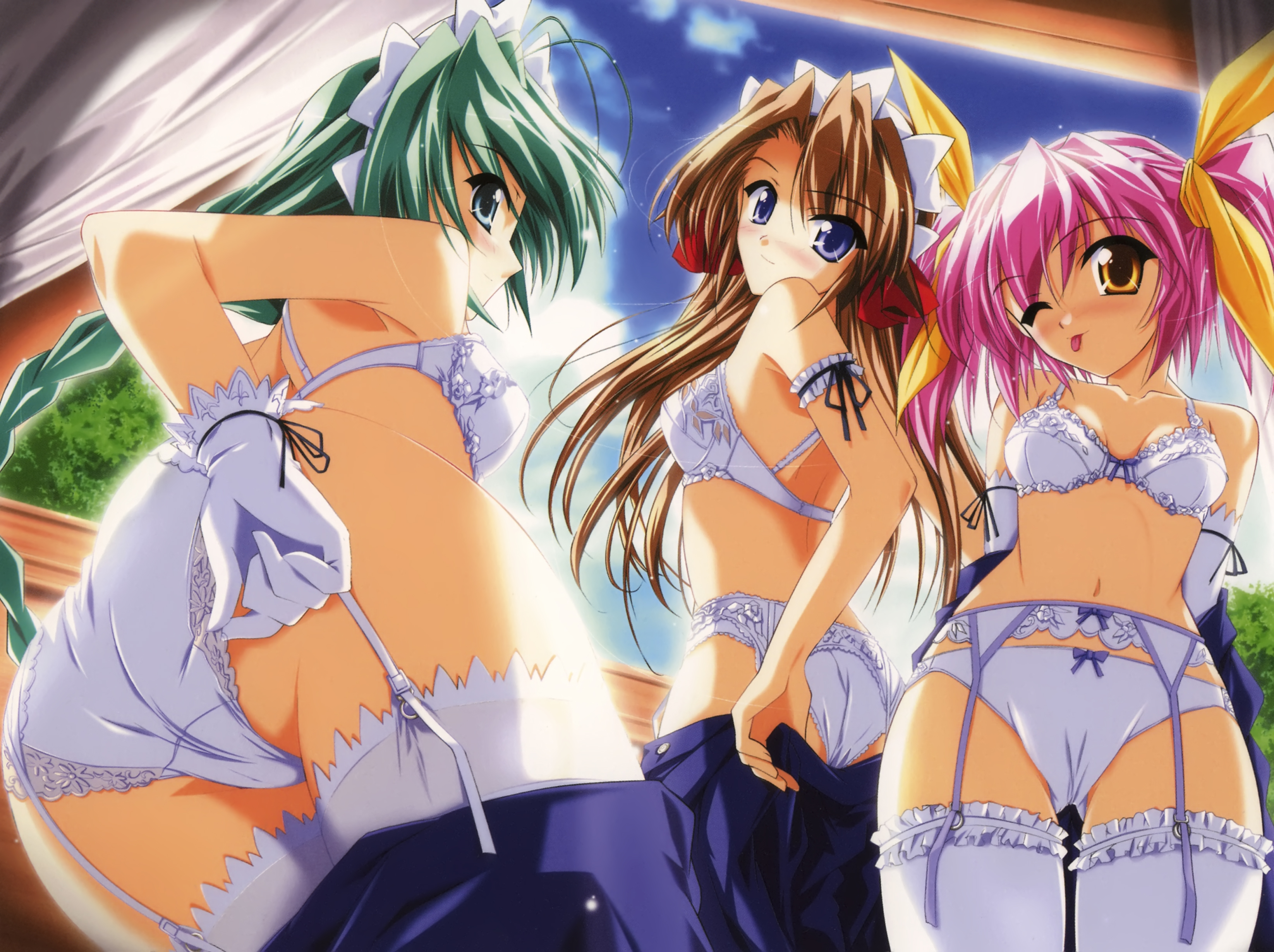 yukirin, kirifuri mio, nachi seale, shiraito mizuki, maid-san she see, frilled legwear, lace-trimmed legwear, absurdres, highres, official art, 3girls, :p, ;p, adjusting clothes, adjusting panties, antenna hair, aqua eyes, aqua hair, arm garter, arm ribbon, arms behind back, ass, blue eyes, blush, bow, bow bra, bow panties, bra, braid, brown hair, cloud, cowboy shot, curtains, day, dressing, dutch angle, elbow gloves, frills, from below, garter belt, garter straps, gloves, green eyes, green hair, hair ribbon, head tilt, indoors, lace, lace-trimmed bra, lace-trimmed panties, lace trim, light smile, lingerie, long hair, looking at viewer, looking back, maid, multiple girls, navel, off shoulder, one eye closed, orange eyes, panties, parted bangs, pink hair, purple eyes, ribbon, single braid, sky, smile, standing, thighhighs, tongue, tongue out, tree, underwear, underwear only, very long hair, white bra, white panties, wide hips, window, wink, wrist ribbon, yellow eyes
