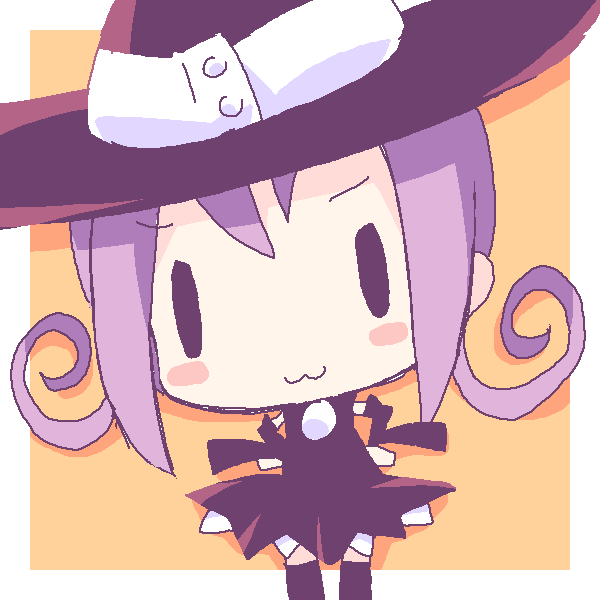 mirai (sugar), blair (soul eater), soul eater, >:3, 00s, 1girl, :3, blush stickers, border, chibi, female focus, hands on own hips, hat, oekaki, orange background, outside border, purple hair, solo, thighhighs, v-shaped eyebrows, white border, witch hat, zettai ryouiki