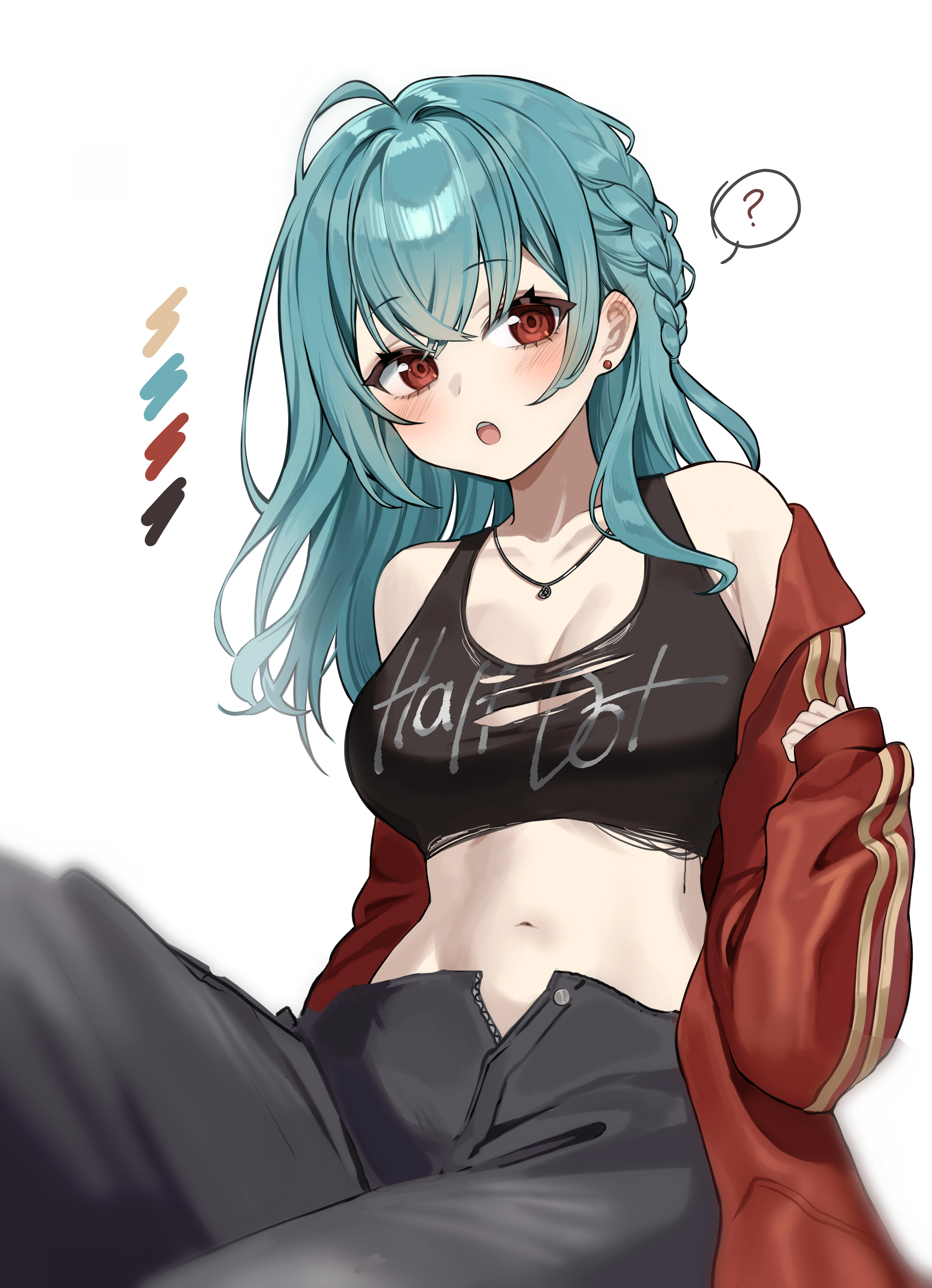 ddungddang, original, absurdres, commentary request, highres, korean commentary, 1girl, :o, ?, bare shoulders, black shirt, blue hair, blush, breasts, color guide, crop top, cropped shirt, grey pants, jacket, large breasts, long hair, long sleeves, looking at viewer, midriff, navel, off shoulder, open clothes, open jacket, open mouth, pants, red jacket, shirt, simple background, sitting, sleeveless, sleeveless shirt, solo, spoken question mark, torn clothes, torn shirt, white background