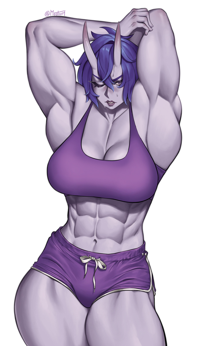 mootium, original, commentary, commission, english commentary, highres, 1girl, abs, armpits, arms behind head, arms up, blue hair, borrowed character, breasts, cleavage, colored skin, cowboy shot, dolphin shorts, gradient horns, hair between horns, hina (chippdraws), horns, large breasts, multicolored horns, muscular, muscular female, navel, one eye closed, oni, parted lips, purple lips, purple shorts, purple skin, purple sports bra, short hair, short shorts, shorts, simple background, skin-covered horns, solo, sports bra, stomach, thick thighs, thighs, twitter username, v-shaped eyebrows, white background