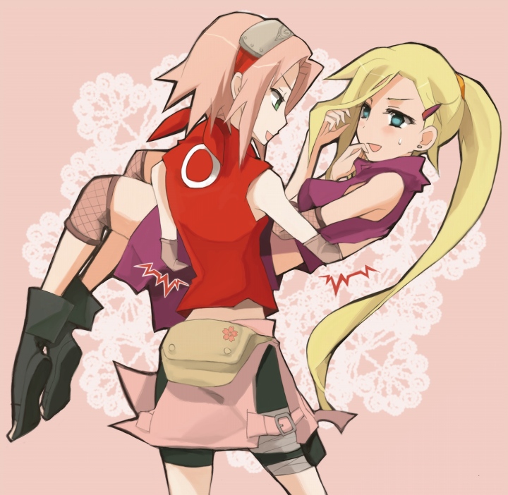 yokige, haruno sakura, yamanaka ino, naruto (classic), naruto (series), naruto shippuuden, black footwear, md5 mismatch, resolution mismatch, source larger, 2girls, adjusting hair, arm warmers, back, bag, bandages, bare shoulders, bike shorts, blonde hair, blue eyes, blush, breasts, carrying, crop top, ear piercing, earrings, embarrassed, fishnets, floral print, flower, from behind, green eyes, hair tie, happy, headband, headdress, high ponytail, holster, jewelry, konohagakure symbol, leg warmers, long hair, looking at another, miniskirt, multiple girls, open mouth, piercing, pink hair, pink skirt, ponytail, princess carry, purple shirt, purple skirt, red shirt, shirt, shoes, short hair, shorts, shorts under skirt, side slit, skirt, sleeveless, sleeveless shirt, spandex, sweatdrop, thigh holster, thigh strap, very long hair, yuri