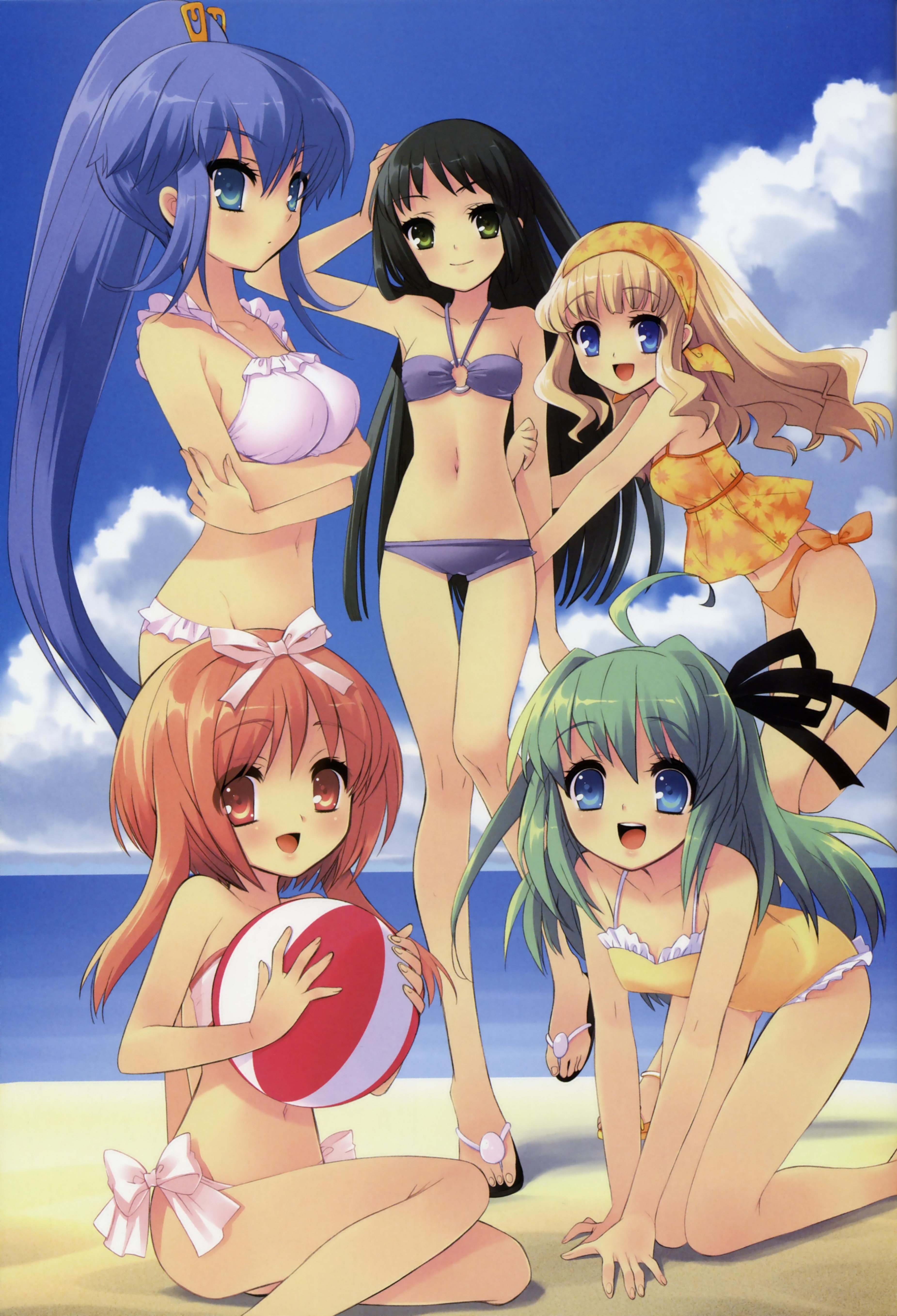 ito noizi, akihime sumomo, koiwai flora, satsuki julirsia, yaeno nadeshiko, yuuki nona, nanatsuiro drops, breast hold, frilled swimsuit, hand on head, absurdres, highres, official art, scan, 00s, 5girls, :d, ahoge, all fours, arm hug, arm up, armpits, ball, bandeau, beach, beachball, bikini, black hair, blonde hair, blue eyes, blue hair, blush, bow, breasts, casual one-piece swimsuit, cloud, crossed arms, day, feet, flat chest, flip-flops, floral print, frilled bikini, frills, green eyes, green hair, groin, hair between eyes, hair ornament, hair ribbon, hairband, hairclip, halterneck, high ponytail, large breasts, leaning forward, leg lift, legs, long hair, long legs, looking at viewer, looking back, lowleg, lowleg bikini, midriff, multiple girls, navel, o-ring, o-ring bikini, o-ring top, ocean, one-piece swimsuit, open mouth, outdoors, outstretched arms, pink hair, ponytail, profile, red eyes, ribbon, sandals, shadow, side-tie bikini bottom, sideboob, sidelocks, sitting, skinny, sky, smile, standing, standing on one leg, swimsuit, tankini, thigh gap, toes, very long hair, water, wavy hair