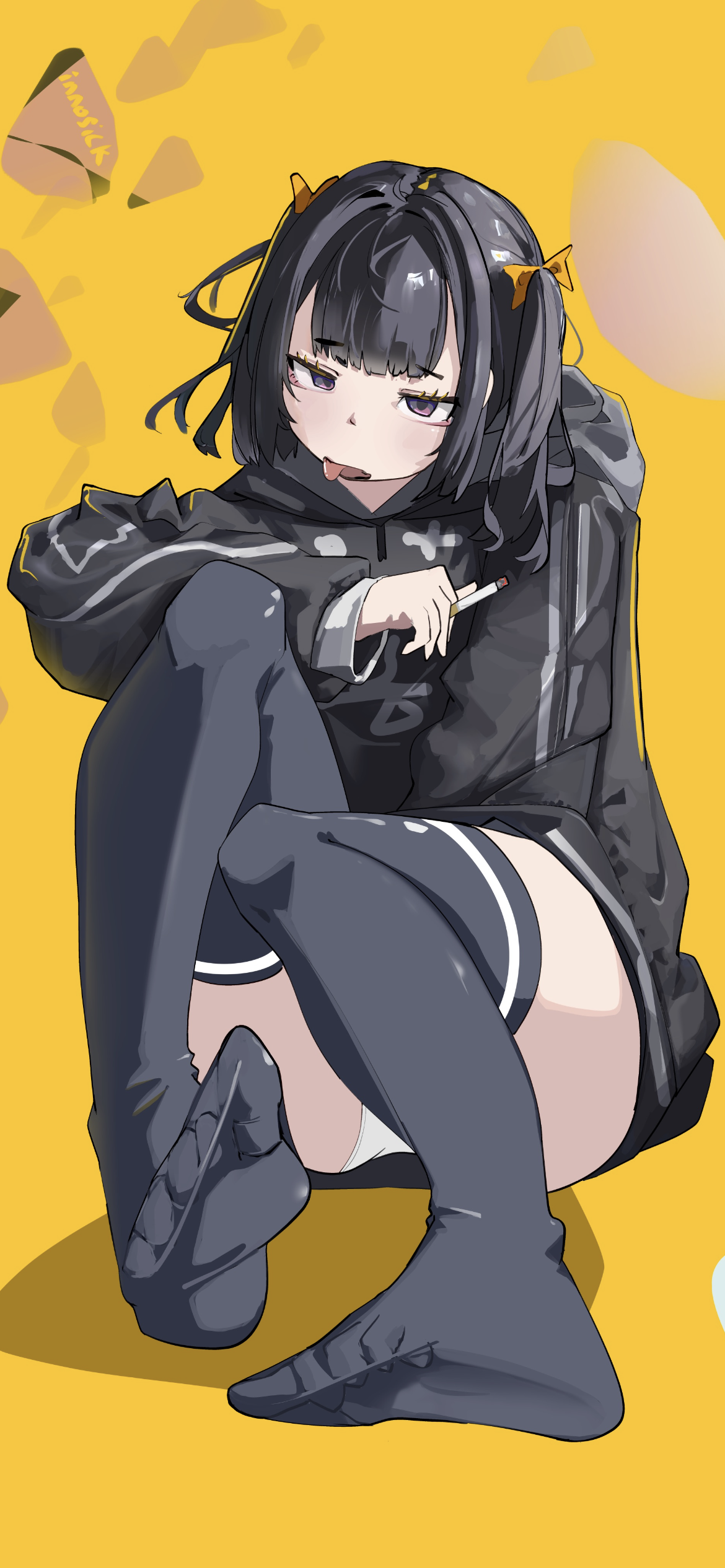 innosick, original, absurdres, highres, 1girl, black socks, cigarette, feet, hood, hooded jacket, hoodie, jacket, legs, no shoes, panties, sitting, socks, soles, toes, tongue, tongue out, twintails, underwear, yellow background
