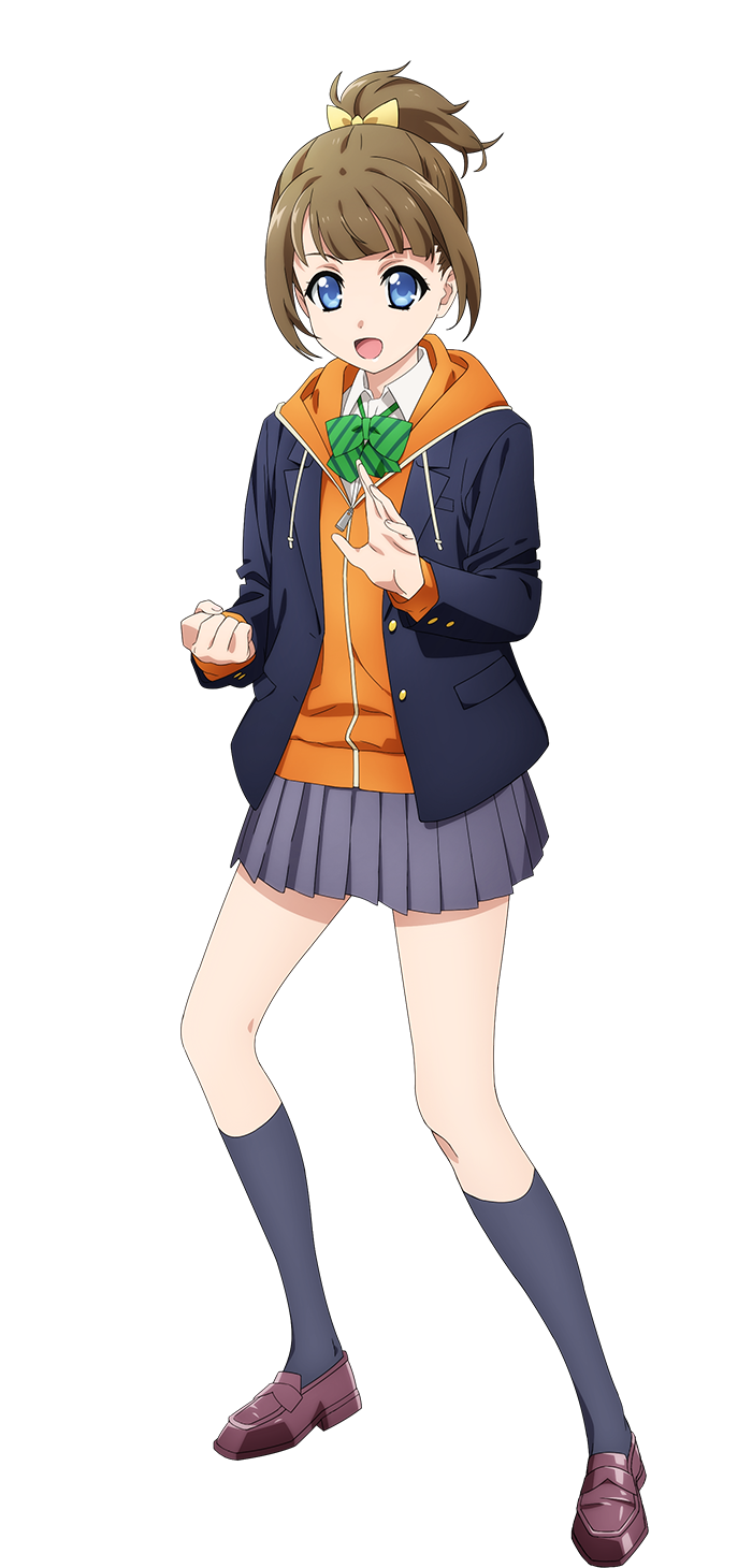 arakaki issei, kohinata lise, extreme hearts, highres, official art, 1girl, :d, anime coloring, blazer, blue eyes, blue jacket, bow, breasts, brown hair, clenched hand, collared shirt, fighting stance, full body, green bow, grey skirt, grey socks, hair bow, hood, hood down, hoodie, jacket, loafers, long sleeves, looking at viewer, open clothes, open hand, open jacket, open mouth, orange hood, orange hoodie, pleated skirt, ponytail, purple shoes, shirt, shoes, short hair, simple background, skirt, smile, socks, solo, standing, striped bow, tachi-e, transparent background, white shirt, yellow bow