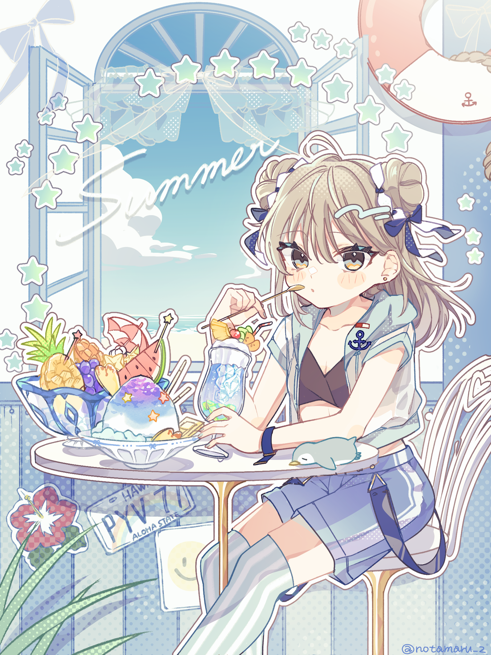 notamaru 2, original, commentary request, highres, 1girl, blue shorts, blush stickers, breasts, brown eyes, brown hair, chair, cleavage, cloud, collarbone, cup, day, double bun, drink, drinking glass, feet out of frame, food, fruit, grapes, green thighhighs, hair bun, holding, holding spoon, hood, hood down, hooded jacket, jacket, long hair, looking at viewer, open clothes, open jacket, outline, parted lips, pineapple, round table, shaved ice, short-sleeved jacket, short sleeves, shorts, sitting, solo, spoon, striped clothes, striped thighhighs, table, thighhighs, watermelon, white jacket, white outline, window