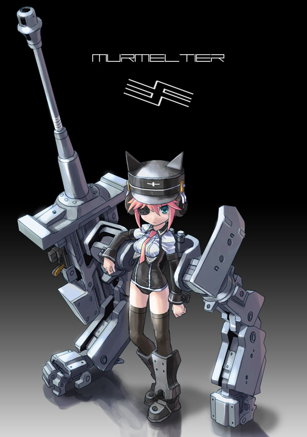 katahira masashi, murmeltier, busou shinki, 10s, blue eyes, eyepatch, gun, mecha, mecha musume, pink hair, robot, solo, thighhighs, weapon