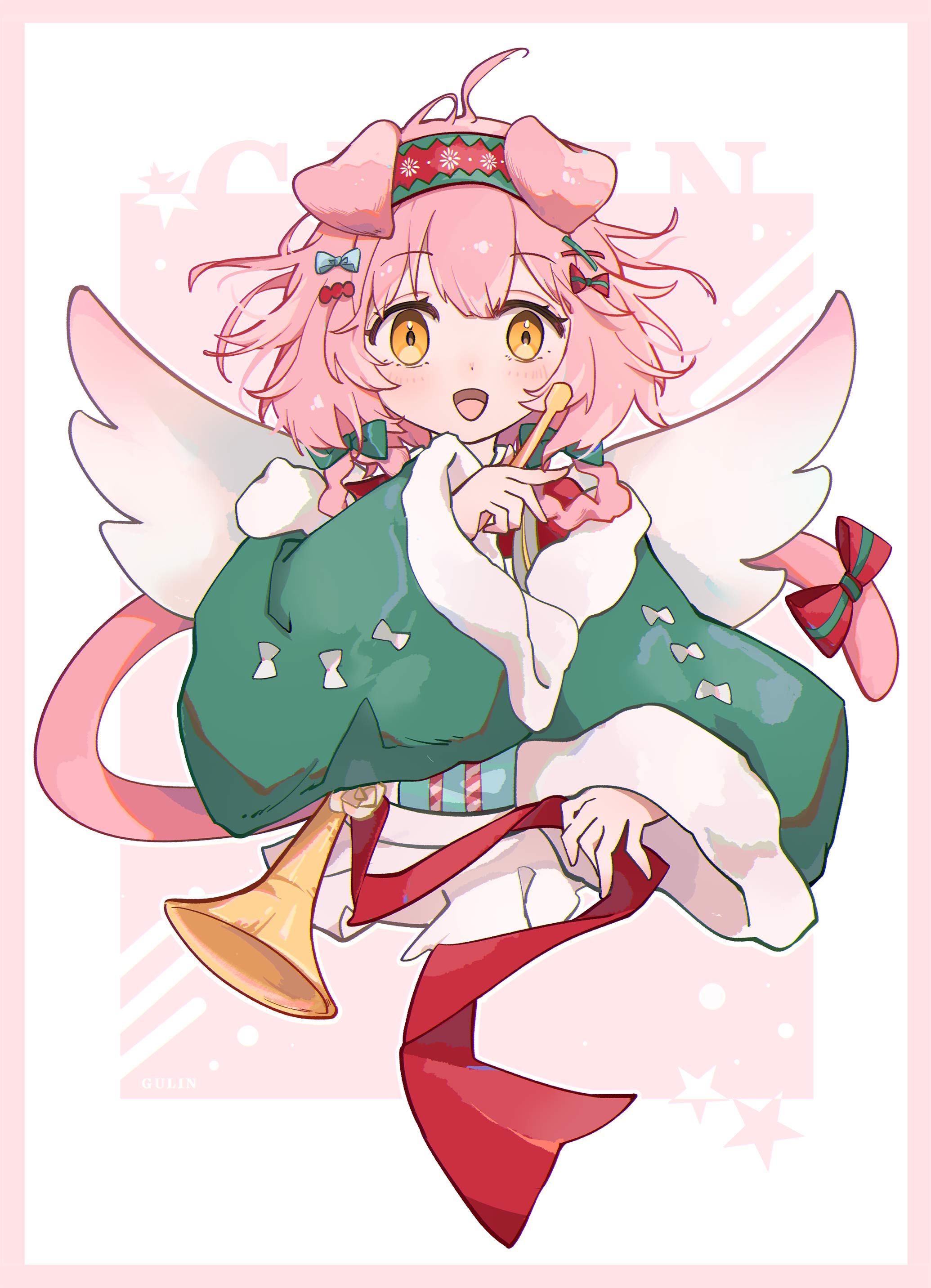 huazihuazihz, goldenglow (arknights), goldenglow (maiden for the bright night) (arknights), arknights, absurdres, chinese commentary, commentary request, highres, 1girl, :d, blue bow, blush, bow, cropped torso, fur-trimmed sleeves, fur trim, green bow, green hairband, hair bow, hairband, holding, holding instrument, holding trumpet, instrument, long sleeves, looking at viewer, medium hair, official alternate costume, open mouth, pink hair, pink tail, red bow, red hairband, smile, solo, star (symbol), tail, tail bow, tail ornament, trumpet, white wings, wide sleeves, wings, yellow eyes