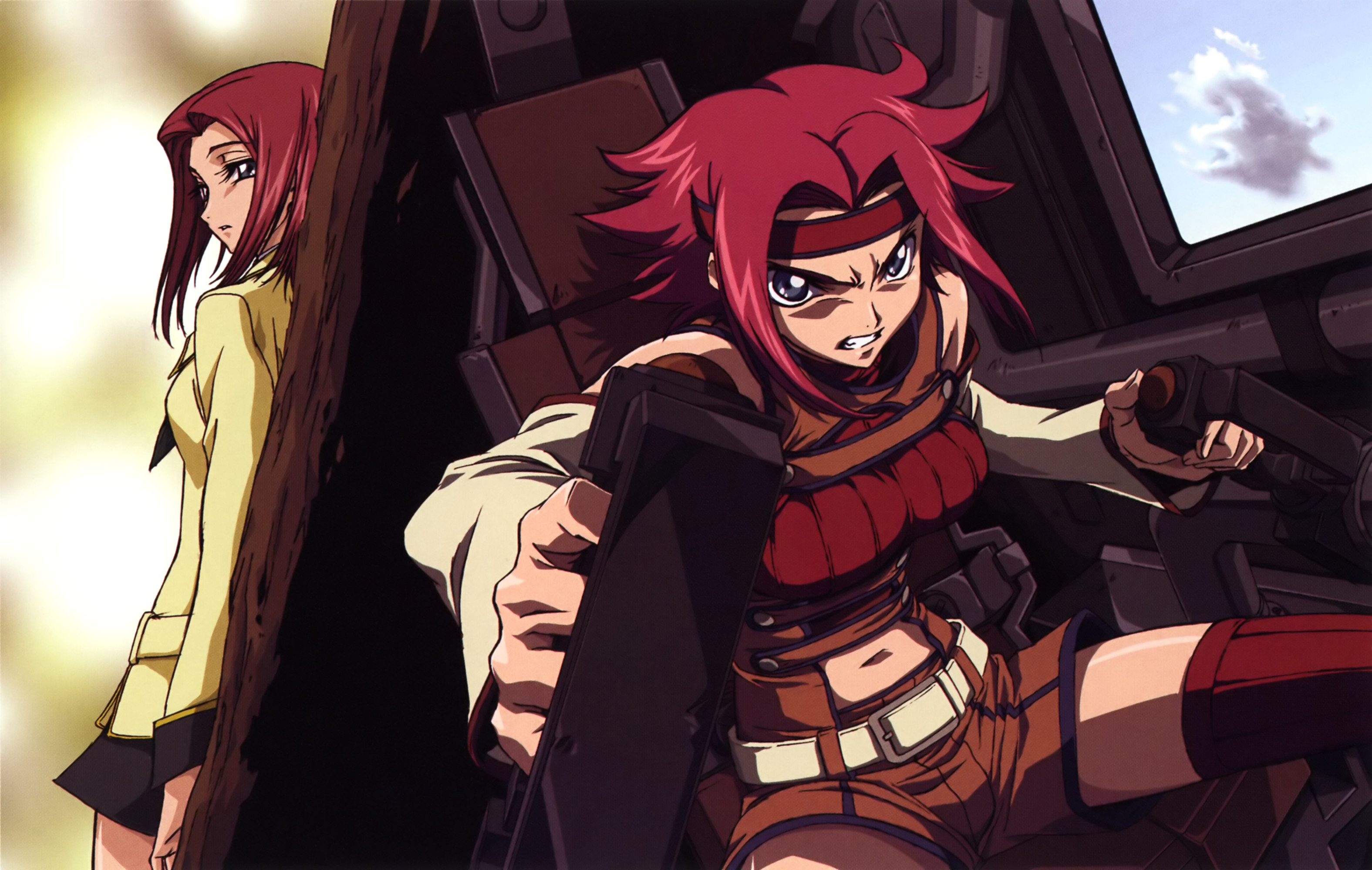 kouzuki kallen, code geass, highres, 00s, blue eyes, cockpit, detached sleeves, dual persona, midriff, red hair, school uniform, serafuku, short hair, shorts, skirt, sleeveless, sleeveless turtleneck, thighhighs, turtleneck