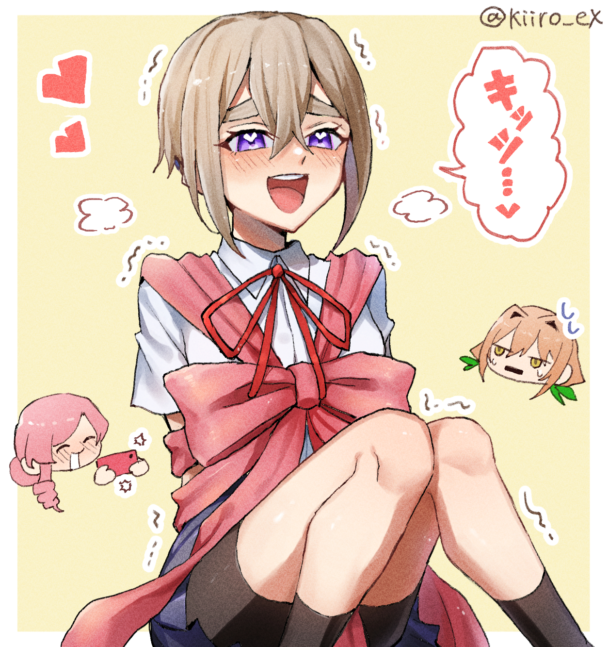 hiiro (kiiro ex), hanazono hahari, inda karane, sutou iku, kimi no koto ga dai dai dai dai daisuki na 100-nin no kanojo, commentary request, highres, 3girls, :d, artist name, bare legs, bike shorts, black socks, blush, bound, brown hair, chibi, chibi inset, hair between eyes, heart, heart in eye, masochism, multiple girls, open mouth, purple eyes, ribbon, ribbon bondage, round teeth, shirt, short hair, short sleeves, simple background, sitting, smile, socks, solo focus, symbol in eye, teeth, trembling, twitter username, upper teeth only, white shirt, yellow background