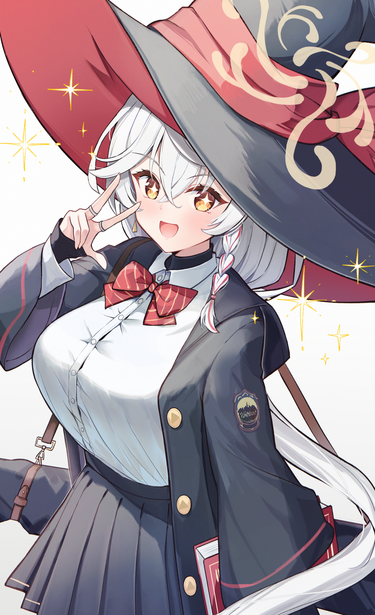 sakura ani, eri (blue archive), blue archive, commentary request, highres, 1girl, black jacket, black skirt, blush, book, bow, bowtie, braid, breasts, buttons, collared shirt, crossed bangs, diagonal-striped bow, diagonal-striped bowtie, diagonal-striped clothes, gold trim, hair between eyes, halo, hand up, hat, hat ribbon, holding, holding book, jacket, jewelry, large breasts, long hair, long sleeves, looking at viewer, low-tied long hair, multicolored hair, multiple rings, open clothes, open jacket, open mouth, pleated skirt, red bow, red bowtie, red ribbon, red streaks, red trim, ribbon, ring, shirt, shirt tucked in, side halo, simple background, single braid, skirt, smile, solo, sparkle, sparkling eyes, standing, strap, streaked hair, striped bow, striped bowtie, striped clothes, tilted halo, two-sided fabric, two-sided headwear, unbuttoned jacket, very long hair, white background, white hair, white shirt, wild hunt academy of arts logo, witch hat, yellow eyes, yellow halo