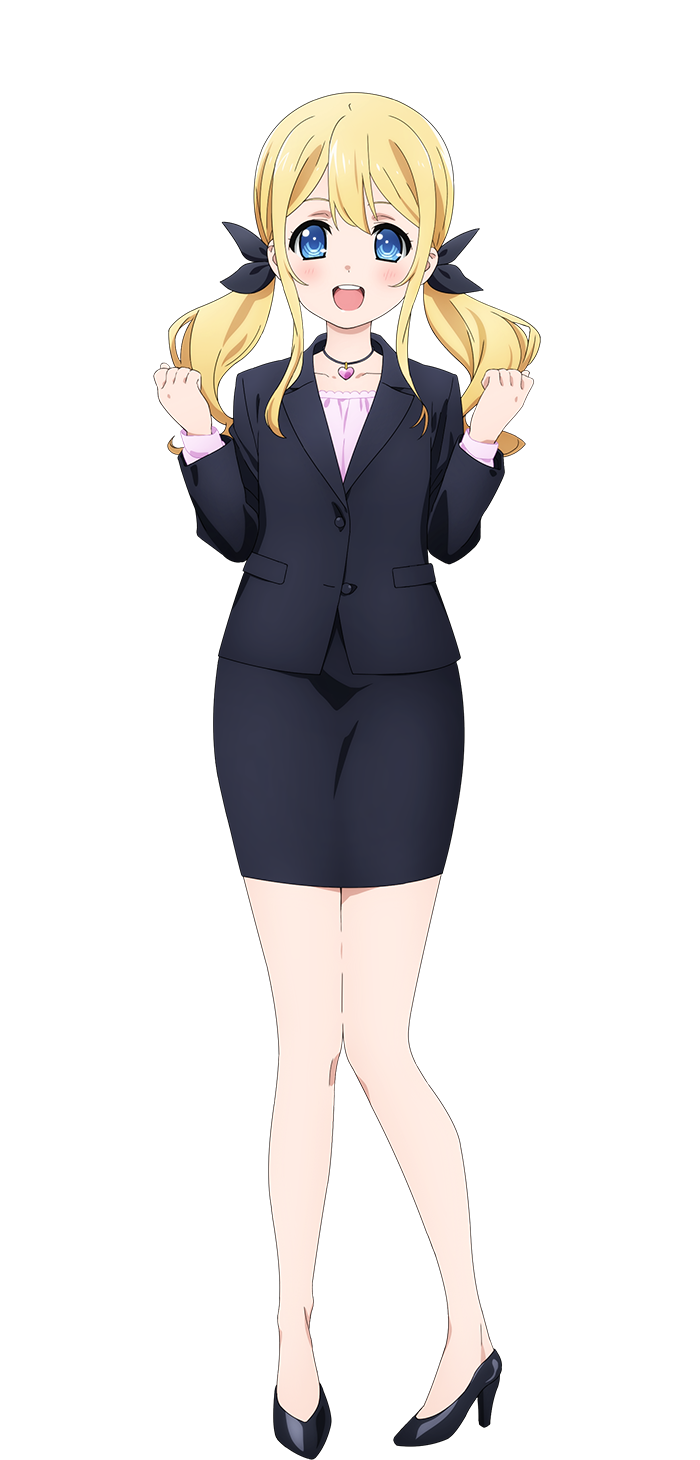 arakaki issei, nono (extreme hearts), extreme hearts, highres, official art, 1girl, :d, anime coloring, black jacket, black shoes, black skirt, black suit, blonde hair, blue eyes, blush, breasts, clenched hands, formal clothes, full body, hair between eyes, high heels, jacket, jewelry, long hair, long sidelocks, long sleeves, looking at viewer, necklace, open mouth, pencil skirt, shoes, sidelocks, simple background, skirt, small breasts, smile, solo, standing, suit, suit jacket, tachi-e, tareme, teeth, thighs, transparent background, twintails, w arms