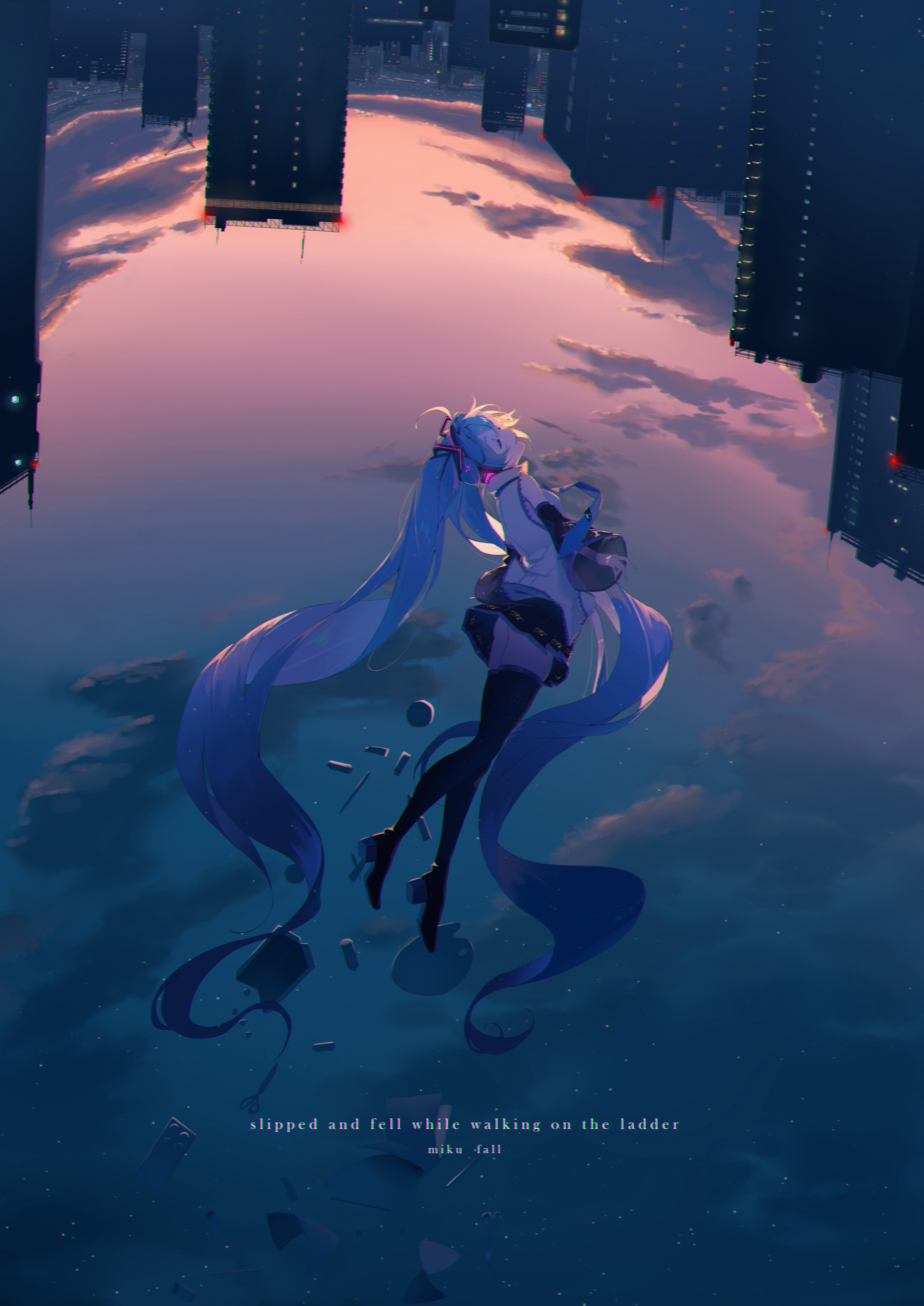hatsune miku, vocaloid, absurdres, commentary request, highres, 1girl, absurdly long hair, apartment, arched back, arms at sides, bare shoulders, black boots, black skirt, black sleeves, blue hair, blue necktie, blue theme, boots, breasts, building, choppy bangs, chromatic aberration, city, cityscape, closed eyes, cloud, cloudy sky, collared shirt, cool colored, crane (machine), dark cloud, detached sleeves, dusk, english text, evening, eyelashes, falling, fisheye, gradient sky, grey sky, hair between eyes, happy, hatsune miku happy 16th birthday -dear creators-, head back, headset, horizon, knees together feet apart, light smile, long hair, necktie, night, night sky, notebook, orange sky, outdoors, paint can, paint palette, paint tube, palette knife, paper, parted lips, pink sky, pleated skirt, profile, radio tower, railing, scissors, shirt, sideboob, sidelighting, sidelocks, skirt, sky, sleeveless, sleeveless shirt, small breasts, solo, spool, star (sky), starry sky, stylus, sunlight, surreal, thigh boots, thighhighs, thzskyzx, twintails, very long hair, wavy hair, white shirt, wide shot, wide sleeves, zettai ryouiki
