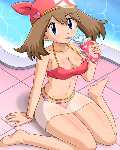 pokemoa, may (pokemon), nintendo, pokemon, pokemon rse, lowres, 00s, 1girl, alternate breast size (larger), bandana, bikini, blue eyes, breasts, brown hair, cleavage, cup, drink, drinking, drinking straw, female focus, hat, heart, large breasts, legs, navel, pool, red bikini, solo, swimsuit