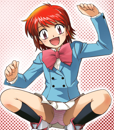 haruyama kazunori, akashi kaoru, zettai karen children, 00s, 1girl, :d, female focus, halftone, halftone background, open mouth, panties, pantyshot, red hair, short hair, smile, solo, spread legs, squatting, striped clothes, striped panties, underwear