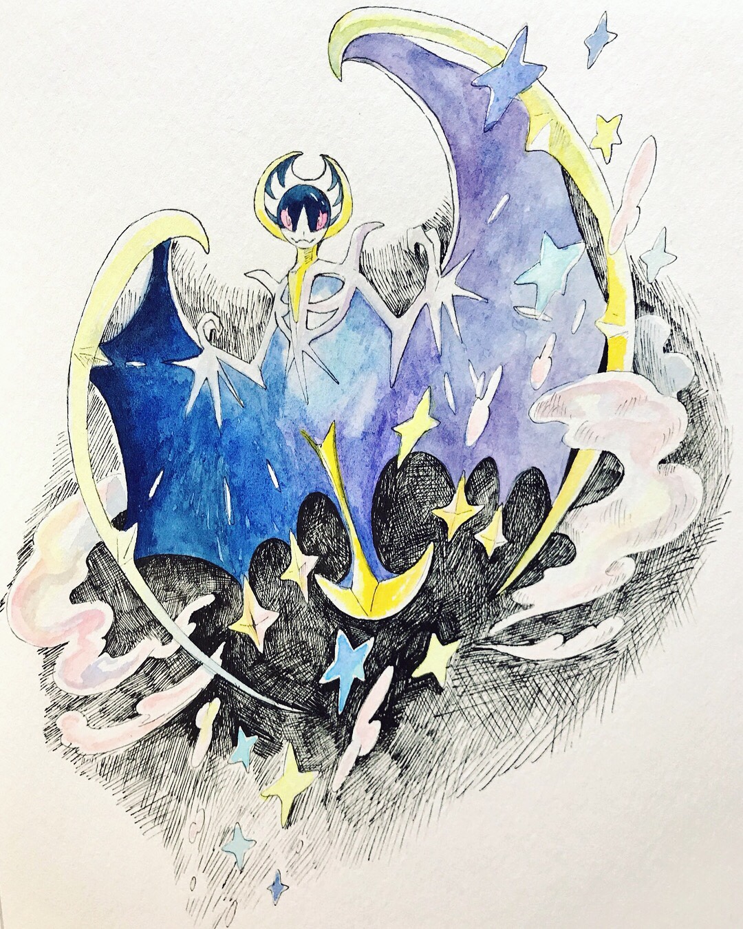 mint nappa, lunala, nintendo, pokemon, commentary request, highres, painting (medium), traditional media, watercolor (medium), full body, gen 7 pokemon, legendary pokemon, looking at viewer, no humans, pokemon (creature), red eyes, simple background, smoke, solo