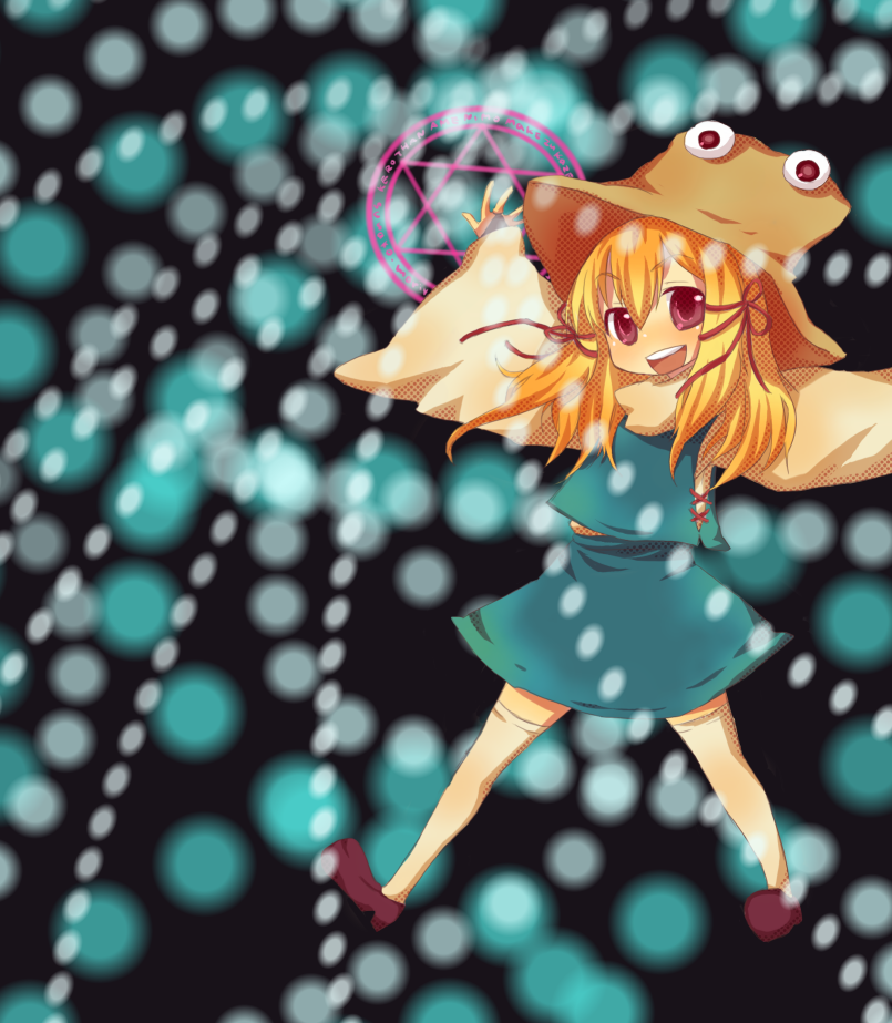azuma seiji, moriya suwako, touhou, bad id, bad pixiv id, 1girl, blonde hair, danmaku, female focus, hat, magic circle, solo, spell card, thighhighs