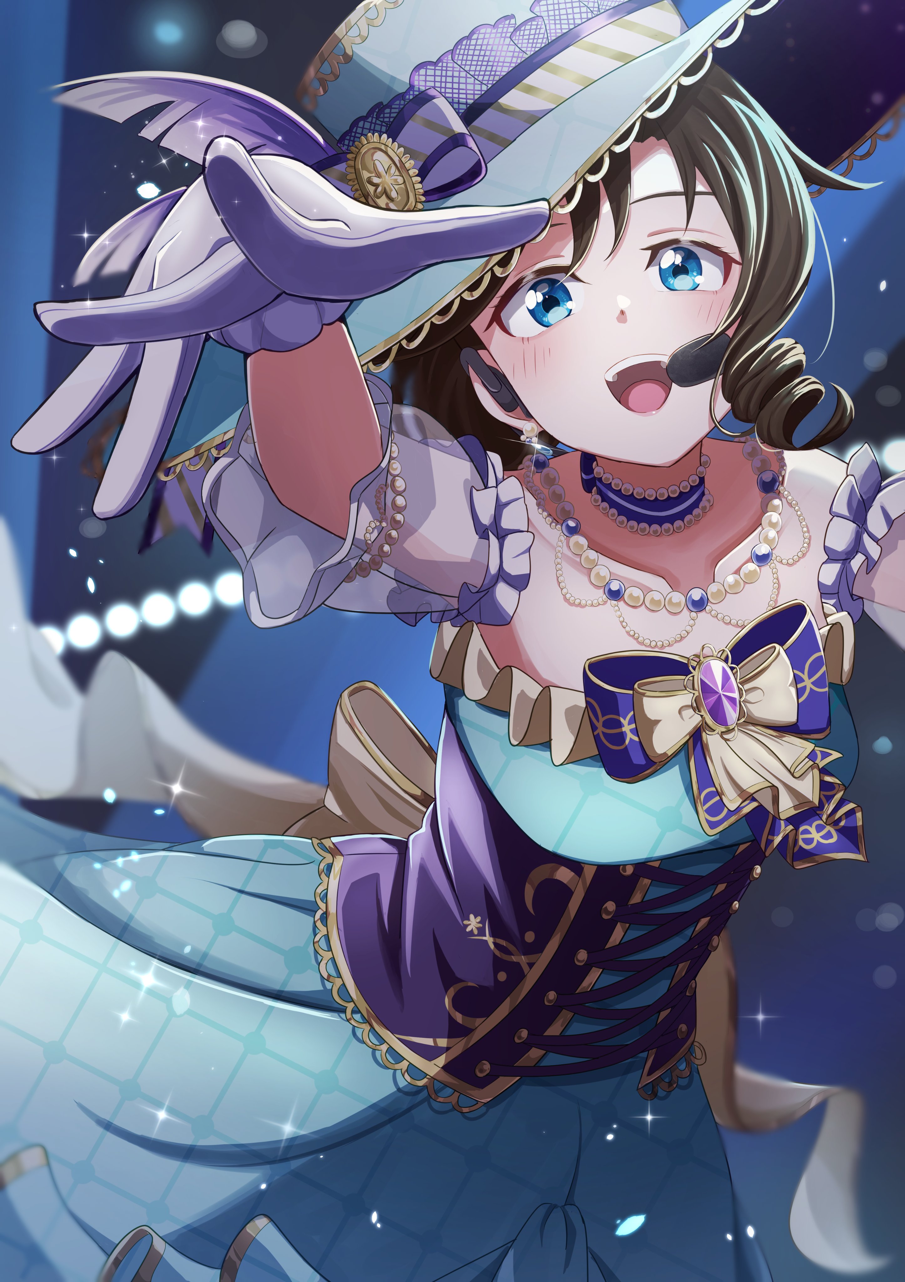 hiiragi (hi ragi1250), osaka shizuku, love live!, love live! nijigasaki high school idol club, absurdres, commentary request, highres, 1girl, bare shoulders, black hair, blue dress, blue eyes, blue hat, blurry, blurry background, collarbone, corset, cowboy shot, cross-laced clothes, cross-laced corset, detached sleeves, dress, frilled dress, frilled sleeves, frills, gloves, hat, headset, looking at viewer, low drills, official alternate costume, purple corset, purple gloves, see-through clothes, see-through sleeves, solo, sparkle, strapless, strapless dress, underbust, yagate hitotsu no monogatari