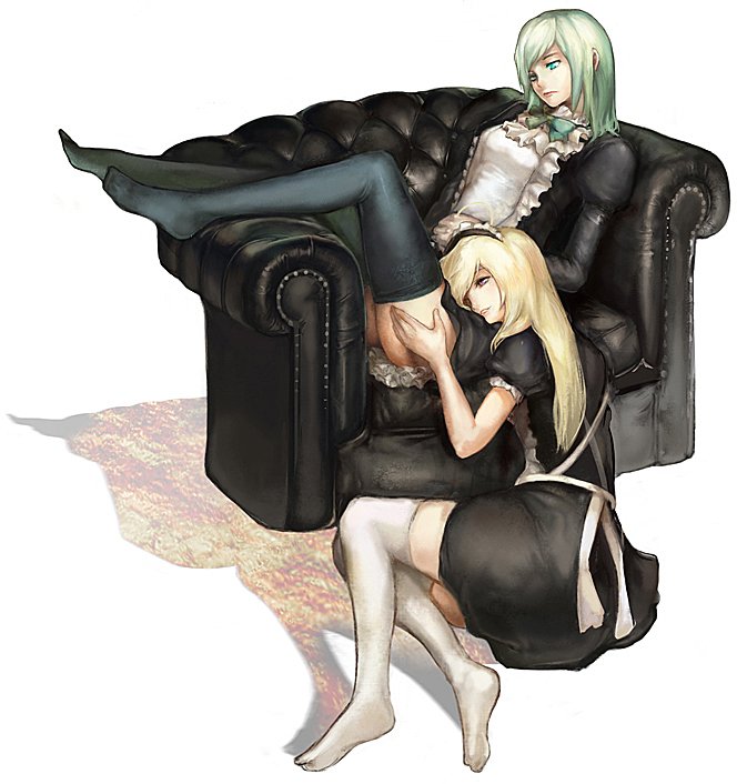 n.a., 2girls, blonde hair, chair, feet, green eyes, green hair, head rest, legs, legs up, maid, multiple girls, shadow, thighhighs, white thighhighs