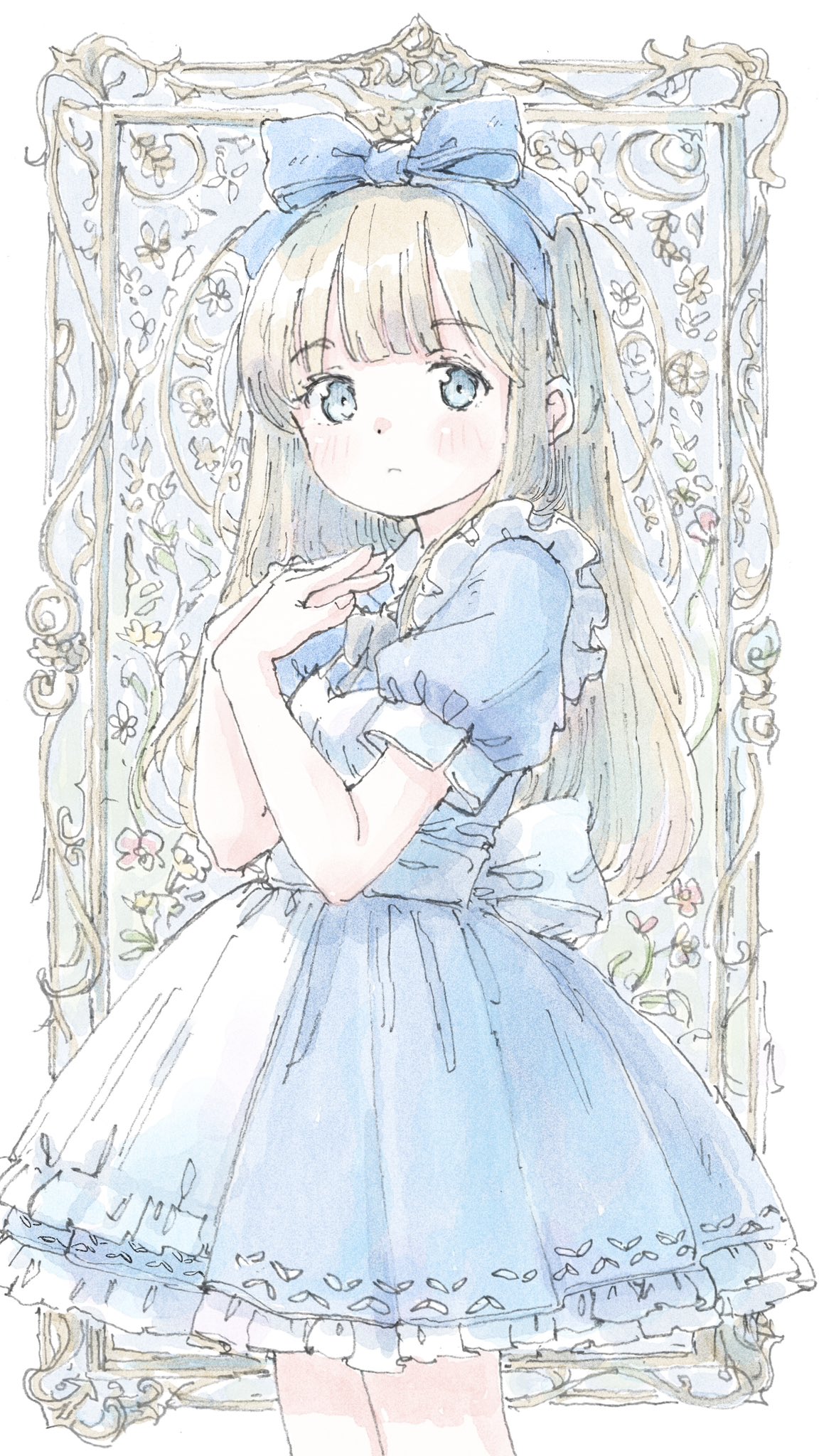 poranka (porankaran), alice (alice in wonderland), alice's adventures in wonderland, commentary request, highres, tagme, 1girl, back bow, blonde hair, blue bow, blue dress, blue eyes, blush, bow, dress, frills, hair bow, hands up, long hair, looking at viewer, pinafore dress, puffy short sleeves, puffy sleeves, sash, short sleeves, sleeveless, sleeveless dress, solo